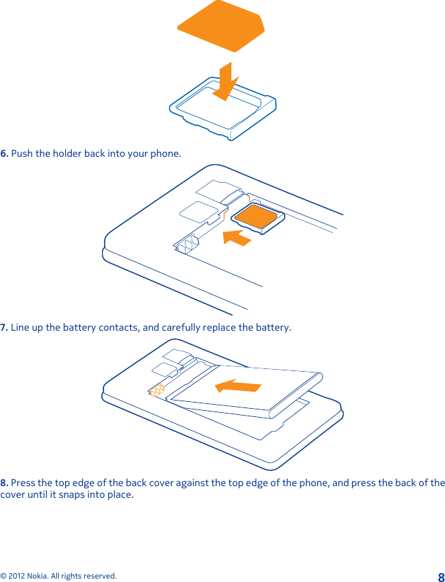 6. Push the holder back into your phone.7. Line up the battery contacts, and carefully replace the battery.8. Press the top edge of the back cover against the top edge of the phone, and press the back of thecover until it snaps into place.© 2012 Nokia. All rights reserved.8