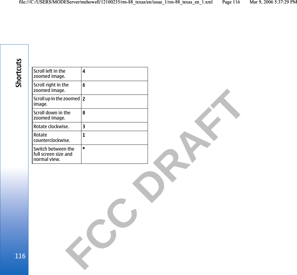           FCC DRAFT  Scroll left in thezoomed image.4Scroll right in thezoomed image.6Scroll up in the zoomedimage.2Scroll down in thezoomed image.8Rotate clockwise. 3Rotatecounterclockwise.1Switch between thefull screen size andnormal view.*116Shortcutsfile:///C:/USERS/MODEServer/mehowell/12100235/rm-88_texas/en/issue_1/rm-88_texas_en_1.xml Page 116 Mar 9, 2006 5:37:29 PMfile:///C:/USERS/MODEServer/mehowell/12100235/rm-88_texas/en/issue_1/rm-88_texas_en_1.xml Page 116 Mar 9, 2006 5:37:29 PM