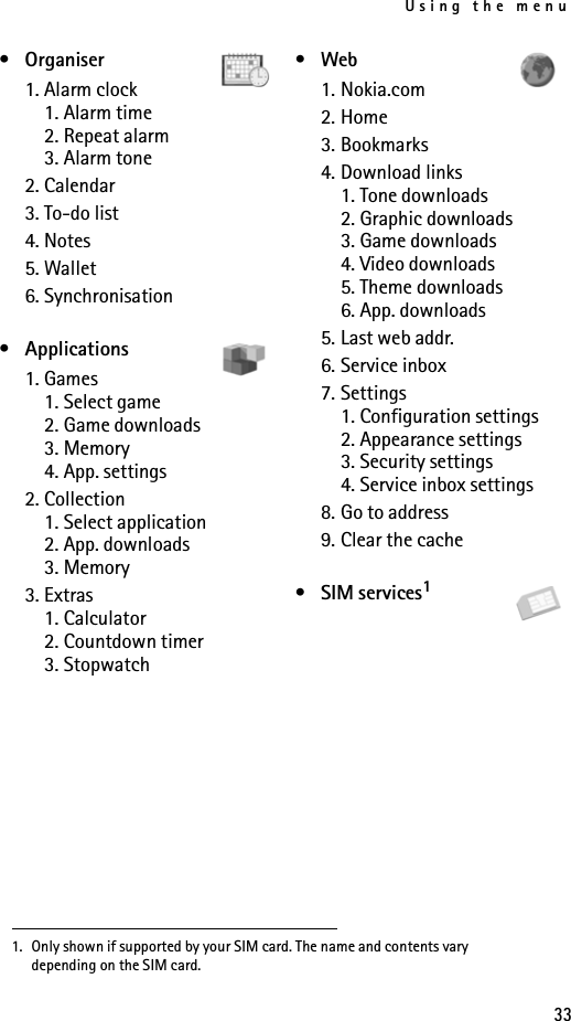 Using the menu33•Organiser1. Alarm clock1. Alarm time2. Repeat alarm3. Alarm tone2. Calendar3. To-do list4. Notes5. Wallet6. Synchronisation• Applications1. Games1. Select game2. Game downloads3. Memory4. App. settings2. Collection1. Select application2. App. downloads3. Memory3. Extras1. Calculator2. Countdown timer3. Stopwatch•Web1. Nokia.com2. Home3. Bookmarks4. Download links1. Tone downloads2. Graphic downloads3. Game downloads4. Video downloads5. Theme downloads6. App. downloads5. Last web addr.6. Service inbox7. Settings1. Configuration settings2. Appearance settings3. Security settings4. Service inbox settings8. Go to address9. Clear the cache• SIM services11. Only shown if supported by your SIM card. The name and contents vary depending on the SIM card.