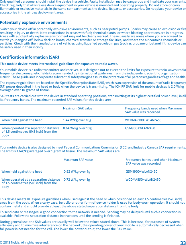 Only qualified personnel should install the device in a vehicle. Faulty installation may be dangerous and invalidate your warranty.Check regularly that all wireless device equipment in your vehicle is mounted and operating properly. Do not store or carryflammable or explosive materials in the same compartment as the device, its parts, or accessories. Do not place your device oraccessories in the air bag deployment area.Potentially explosive environmentsSwitch your device off in potentially explosive environments, such as near petrol pumps. Sparks may cause an explosion or fireresulting in injury or death. Note restrictions in areas with fuel; chemical plants; or where blasting operations are in progress.Areas with a potentially explosive environment may not be clearly marked. These usually are areas where you are advised toswitch your engine off, below deck on boats, chemical transfer or storage facilities, and where the air contains chemicals orparticles. Check with the manufacturers of vehicles using liquefied petroleum gas (such as propane or butane) if this device canbe safely used in their vicinity.Certification information (SAR)This mobile device meets international guidelines for exposure to radio waves.Your mobile device is a radio transmitter and receiver. It is designed not to exceed the limits for exposure to radio waves (radiofrequency electromagnetic fields), recommended by international guidelines from the independent scientific organizationICNIRP. These guidelines incorporate substantial safety margins assure the protection of all persons regardless of age and health.The exposure guidelines are based on the Specific Absorption Rate (SAR), which is an expression of the amount of radio frequency(RF) power deposited in the head or body when the device is transmitting. The ICNIRP SAR limit for mobile devices is 2.0 W/kgaveraged over 10 grams of tissue.SAR tests are carried out with the device in standard operating positions, transmitting at its highest certified power level, in allits frequency bands. The maximum recorded SAR values for this device are:Maximum SAR value Frequency bands used when MaximumSAR value was recordedWhen held against the head 1.44 W/kg over 10g WCDMA2100+WLAN2450When operated at a separation distanceof 1.5 centimetres (5/8 inch) from thebody0.64 W/kg over 10g GSM900+WLAN2450Your mobile device is also designed to meet Federal Communications Commission (FCC) and Industry Canada SAR requirements.The limit is 1.6W/kg averaged over 1 gram of tissue. The maximum SAR values are:Maximum SAR value Frequency bands used when MaximumSAR value was recordedWhen held against the head 0.92 W/kg over 1g GSM1900+WLAN2450When operated at a separation distanceof 1.5 centimetres (5/8 inch) from thebody0.72 W/kg over 1g WCDMA850+WLAN2450This device meets RF exposure guidelines when used against the head or when positioned at least 1.5 centimetres (5/8 inch)away from the body. When a carry case, belt clip or other form of device holder is used for body-worn operation, it should notcontain metal and should provide at least the above stated separation distance from the body.To send data or messages, a good connection to the network is needed. Sending may be delayed until such a connection isavailable. Follow the separation distance instructions until the sending is finished.During general use, the SAR values are usually well below the values stated above. This is because, for purposes of systemefficiency and to minimise interference on the network, the operating power of your mobile is automatically decreased whenfull power is not needed for the call. The lower the power output, the lower the SAR value.© 2013 Nokia. All rights reserved.33