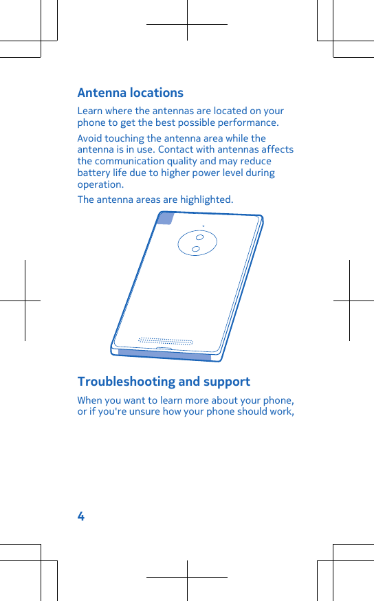 Antenna locationsLearn where the antennas are located on yourphone to get the best possible performance.Avoid touching the antenna area while theantenna is in use. Contact with antennas affectsthe communication quality and may reducebattery life due to higher power level duringoperation.The antenna areas are highlighted.Troubleshooting and supportWhen you want to learn more about your phone,or if you&apos;re unsure how your phone should work,4