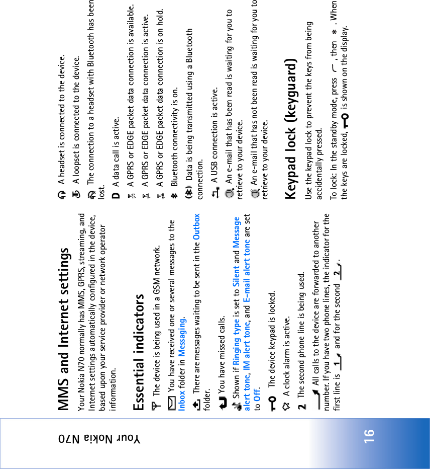 Your Nokia N7016MMS and Internet settings Your Nokia N70 normally has MMS, GPRS, streaming, and Internet settings automatically configured in the device, based upon your service provider or network operator information.Essential indicators The device is being used in a GSM network. You have received one or several messages to the Inbox folder in Messaging.  There are messages waiting to be sent in the Outbox folder. You have missed calls. Shown if Ringing type is set to Silent and Message alert tone, IM alert tone, and E-mail alert tone are set to Off. The device keypad is locked. A clock alarm is active. The second phone line is being used. All calls to the device are forwarded to another number. If you have two phone lines, the indicator for the first line is   and for the second  . A headset is connected to the device. A loopset is connected to the device. The connection to a headset with Bluetooth has been lost. A data call is active.  A GPRS or EDGE packet data connection is available. A GPRS or EDGE packet data connection is active.  A GPRS or EDGE packet data connection is on hold. Bluetooth connectivity is on. Data is being transmitted using a Bluetooth connection. A USB connection is active. An e-mail that has been read is waiting for you to retrieve to your device. An e-mail that has not been read is waiting for you to retrieve to your device.Keypad lock (keyguard)Use the keypad lock to prevent the keys from being accidentally pressed.To lock: In the standby mode, press  , then  . When the keys are locked,   is shown on the display.