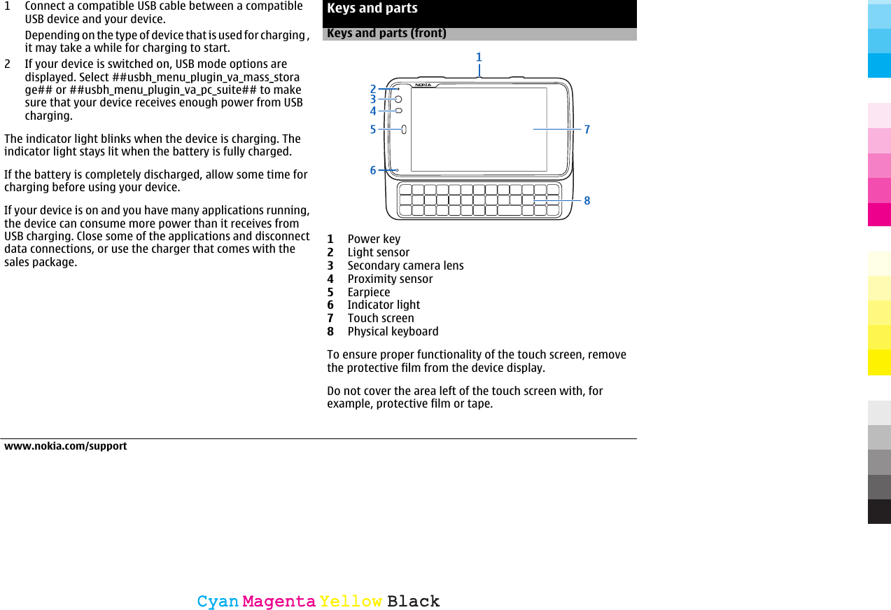 1 Connect a compatible USB cable between a compatibleUSB device and your device.Depending on the type of device that is used for charging ,it may take a while for charging to start.2 If your device is switched on, USB mode options aredisplayed. Select ##usbh_menu_plugin_va_mass_storage## or ##usbh_menu_plugin_va_pc_suite## to makesure that your device receives enough power from USBcharging.The indicator light blinks when the device is charging. Theindicator light stays lit when the battery is fully charged.If the battery is completely discharged, allow some time forcharging before using your device.If your device is on and you have many applications running,the device can consume more power than it receives fromUSB charging. Close some of the applications and disconnectdata connections, or use the charger that comes with thesales package.Keys and partsKeys and parts (front)1Power key2Light sensor3Secondary camera lens4Proximity sensor5Earpiece6Indicator light7Touch screen8Physical keyboardTo ensure proper functionality of the touch screen, removethe protective film from the device display.Do not cover the area left of the touch screen with, forexample, protective film or tape.www.nokia.com/supportCyanCyanMagentaMagentaYellowYellowBlackBlack