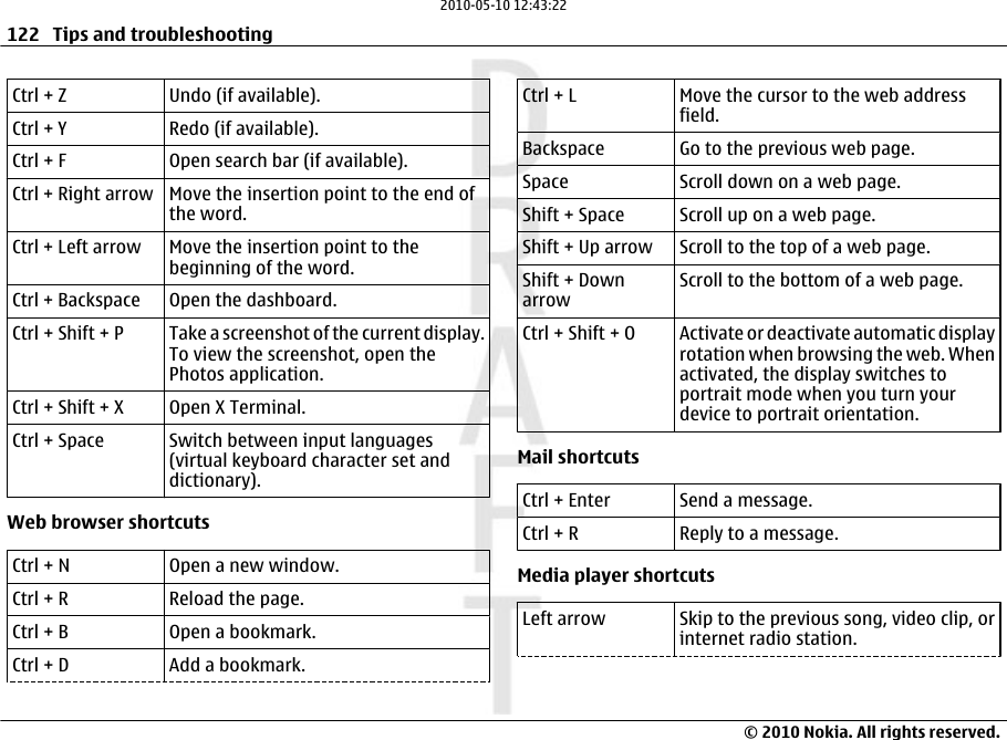 Ctrl + Z Undo (if available).Ctrl + Y Redo (if available).Ctrl + F Open search bar (if available).Ctrl + Right arrow Move the insertion point to the end ofthe word.Ctrl + Left arrow Move the insertion point to thebeginning of the word.Ctrl + Backspace Open the dashboard.Ctrl + Shift + P Take a screenshot of the current display.To view the screenshot, open thePhotos application.Ctrl + Shift + X Open X Terminal.Ctrl + Space Switch between input languages(virtual keyboard character set anddictionary).Web browser shortcutsCtrl + N Open a new window.Ctrl + R Reload the page.Ctrl + B Open a bookmark.Ctrl + D Add a bookmark.Ctrl + L Move the cursor to the web addressfield.Backspace Go to the previous web page.Space Scroll down on a web page.Shift + Space Scroll up on a web page.Shift + Up arrow Scroll to the top of a web page.Shift + DownarrowScroll to the bottom of a web page.Ctrl + Shift + O Activate or deactivate automatic displayrotation when browsing the web. Whenactivated, the display switches toportrait mode when you turn yourdevice to portrait orientation.Mail shortcutsCtrl + Enter Send a message.Ctrl + R Reply to a message.Media player shortcutsLeft arrow Skip to the previous song, video clip, orinternet radio station.122 Tips and troubleshooting© 2010 Nokia. All rights reserved.2010-05-10 12:43:22