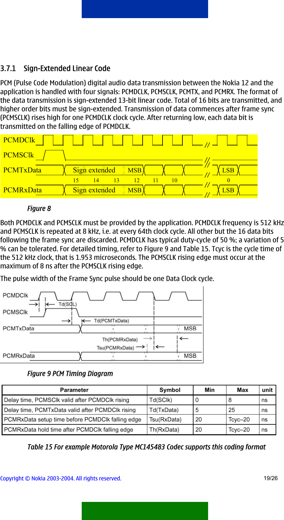  3.7.1 Sign-Extended Linear Code PCM (Pulse Code Modulation) digital audio data transmission between the Nokia 12 and the application is handled with four signals: PCMDCLK, PCMSCLK, PCMTX, and PCMRX. The format of the data transmission is sign-extended 13-bit linear code. Total of 16 bits are transmitted, and higher order bits must be sign-extended. Transmission of data commences after frame sync (PCMSCLK) rises high for one PCMDCLK clock cycle. After returning low, each data bit is transmitted on the falling edge of PCMDCLK. 15          14          13          12         11         10LSBMSBSign extended0LSBMSBSign extendedPCMDClkPCMSClkPCMTxDataPCMRxData  Figure 8 Both PCMDCLK and PCMSCLK must be provided by the application. PCMDCLK frequency is 512 kHz and PCMSCLK is repeated at 8 kHz, i.e. at every 64th clock cycle. All other but the 16 data bits following the frame sync are discarded. PCMDCLK has typical duty-cycle of 50 %; a variation of 5 % can be tolerated. For detailed timing, refer to Figure 9 and Table 15. Tcyc is the cycle time of the 512 kHz clock, that is 1.953 microseconds. The PCMSCLK rising edge must occur at the maximum of 8 ns after the PCMSCLK rising edge. The pulse width of the Frame Sync pulse should be one Data Clock cycle.     Figure 9 PCM Timing Diagram   Table 15 For example Motorola Type MC145483 Codec supports this coding format Copyright © Nokia 2003-2004. All rights reserved.   19/26  