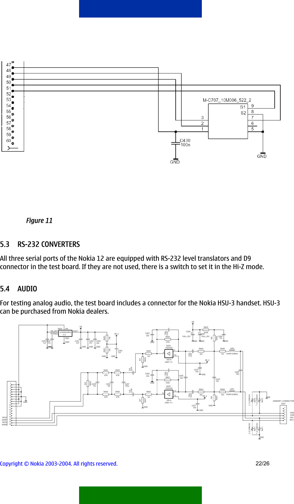   Figure 11 5.3 RS-232 CONVERTERS All three serial ports of the Nokia 12 are equipped with RS-232 level translators and D9 connector in the test board. If they are not used, there is a switch to set it in the Hi-Z mode. 5.4 AUDIO For testing analog audio, the test board includes a connector for the Nokia HSU-3 handset. HSU-3 can be purchased from Nokia dealers.   Copyright © Nokia 2003-2004. All rights reserved.   22/26  