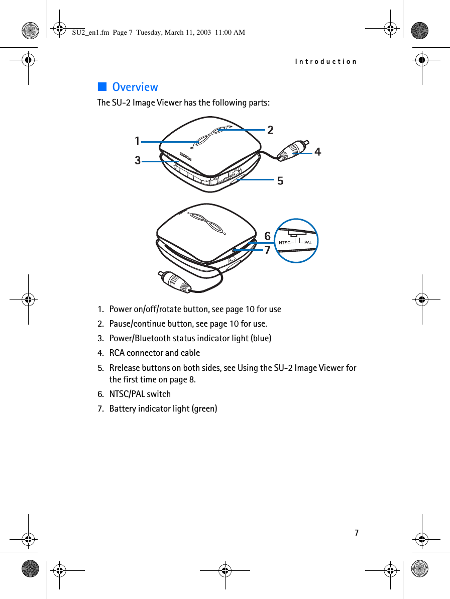 Introduction7■OverviewThe SU-2 Image Viewer has the following parts:1. Power on/off/rotate button, see page 10 for use2. Pause/continue button, see page 10 for use.3. Power/Bluetooth status indicator light (blue)4. RCA connector and cable5. Rrelease buttons on both sides, see Using the SU-2 Image Viewer for the first time on page 8.6. NTSC/PAL switch7. Battery indicator light (green)SU2_en1.fm  Page 7  Tuesday, March 11, 2003  11:00 AM