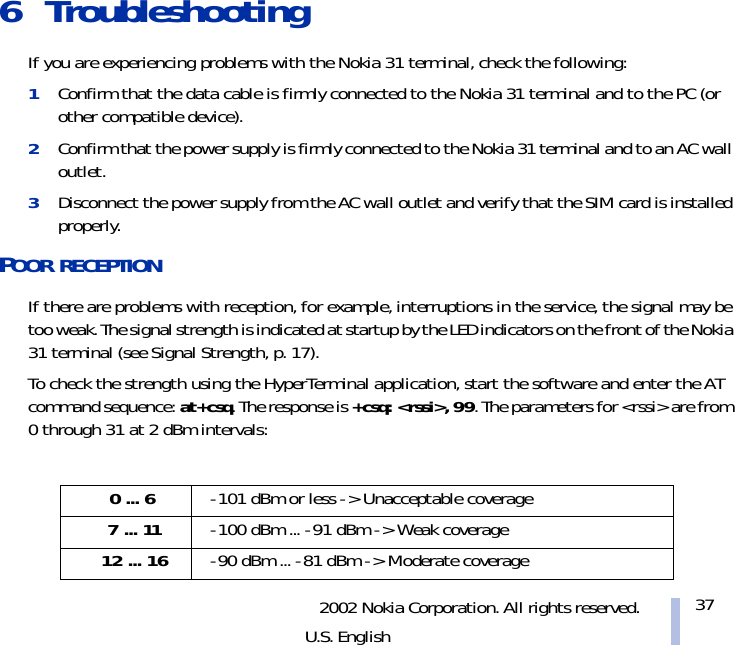 2002 Nokia Corporation. All rights reserved.U.S. English376 TroubleshootingIf you are experiencing problems with the Nokia 31 terminal, check the following:1Confirm that the data cable is firmly connected to the Nokia 31 terminal and to the PC (or other compatible device).2Confirm that the power supply is firmly connected to the Nokia 31 terminal and to an AC wall outlet.3Disconnect the power supply from the AC wall outlet and verify that the SIM card is installed properly.POOR RECEPTIONIf there are problems with reception, for example, interruptions in the service, the signal may be too weak. The signal strength is indicated at startup by the LED indicators on the front of the Nokia 31 terminal (see Signal Strength, p. 17).To check the strength using the HyperTerminal application, start the software and enter the AT command sequence: at+csq. The response is +csq: &lt;rssi&gt;, 99. The parameters for &lt;rssi&gt; are from 0 through 31 at 2 dBm intervals:0 ... 6  -101 dBm or less -&gt; Unacceptable coverage7 ... 11 -100 dBm ... -91 dBm -&gt; Weak coverage12 ... 16 -90 dBm ... -81 dBm -&gt; Moderate coverage