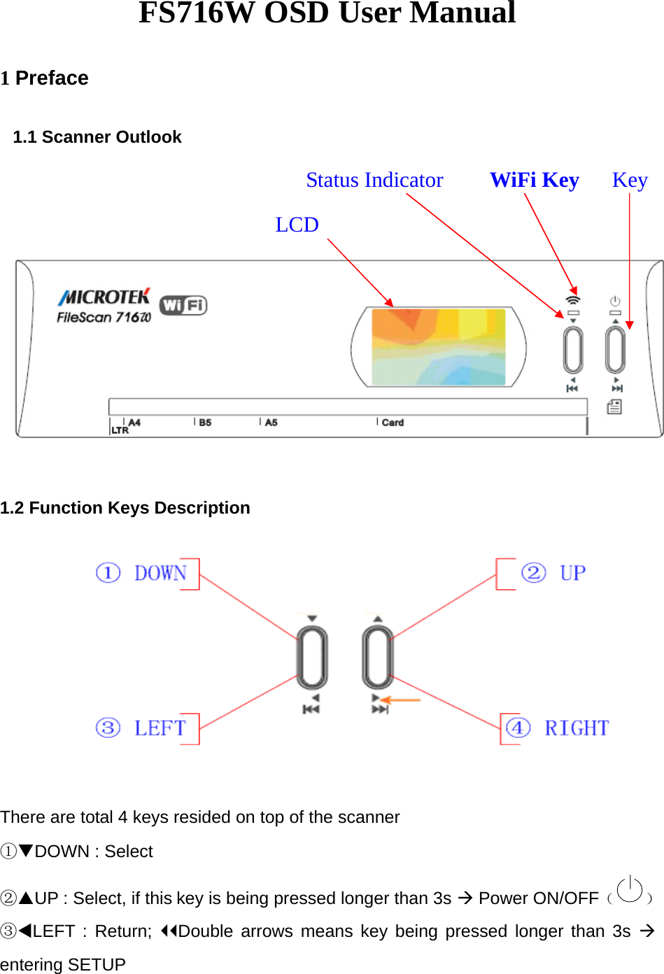 FS716W OSD User Manual 1 Preface 1.1 Scanner Outlook           Status Indicator    WiFi Key   Key          LCD   1.2 Function Keys Description  There are total 4 keys resided on top of the scanner ①DOWN : Select ②UP : Select, if this key is being pressed longer than 3s &AElig; Power ON/OFF（ ） ③LEFT : Return; Double arrows means key being pressed longer than 3s &AElig; entering SETUP 
