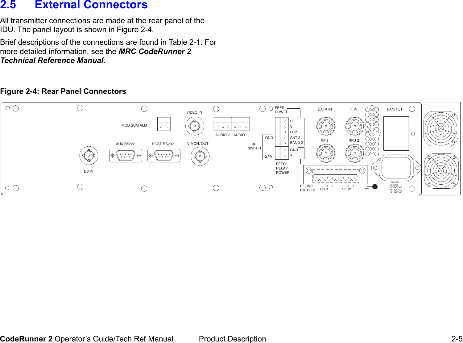  Product Description 2-5CodeRunner 2 Operator’s Guide/Tech Ref Manual2.5 External ConnectorsAll transmitter connections are made at the rear panel of the IDU. The panel layout is shown in Figure 2-4. Brief descriptions of the connections are found in Table 2-1. For more detailed information, see the MRCCodeRunner2TechnicalReferenceManual. Figure 2-4: Rear Panel ConnectorsBB INVIDEO INAUX RS232 BAND 2ANT 2+RFU 2RFU 1~POWER50-60 Hz120-240V AC2A - 120V AC1A - 240V ACFEED/RELAYPOWERHOST RS232 V MON. OUTAUDIO 1AUDIO 2IF INDATA IN PAN/TILTFEEDMOD SUM ALMPOWERVHLCPGND+24VGNDRF UNIT PWR OUT--++--++RFU1 RFU2    RFSWITCH