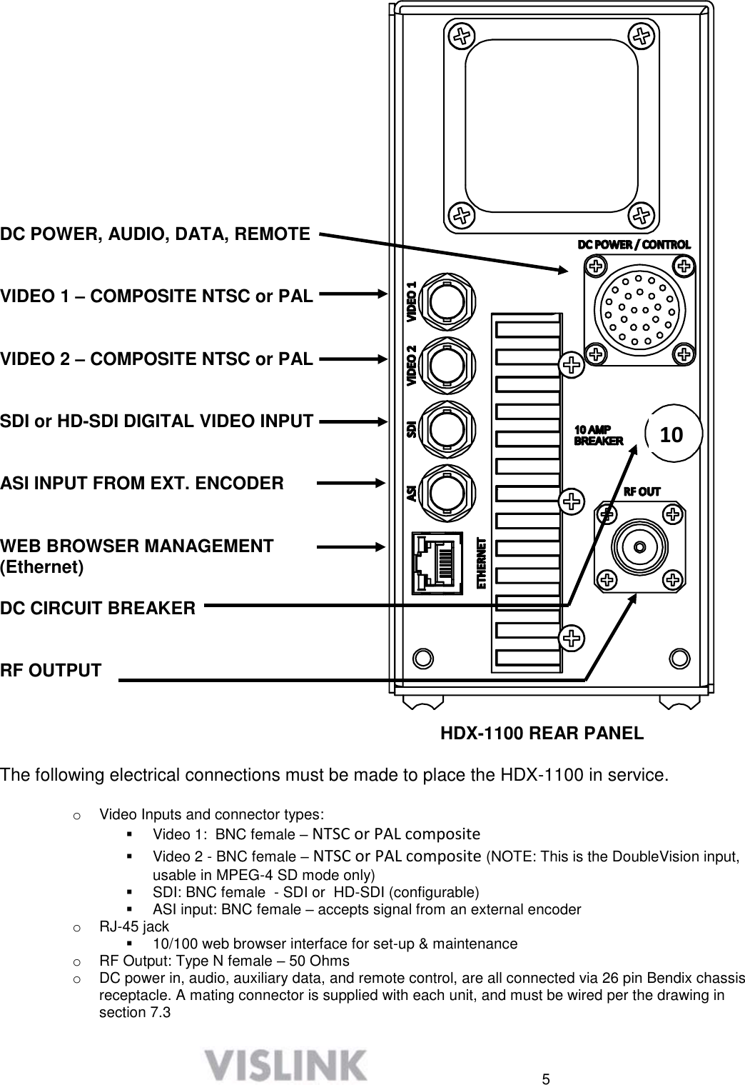  5           DC POWER, AUDIO, DATA, REMOTE   VIDEO 1 – COMPOSITE NTSC or PAL   VIDEO 2 – COMPOSITE NTSC or PAL   SDI or HD-SDI DIGITAL VIDEO INPUT    ASI INPUT FROM EXT. ENCODER   WEB BROWSER MANAGEMENT  (Ethernet)  DC CIRCUIT BREAKER   RF OUTPUT                HDX-1100 REAR PANEL  The following electrical connections must be made to place the HDX-1100 in service.   o  Video Inputs and connector types:   Video 1:  BNC female – NTSC or PAL composite   Video 2 - BNC female – NTSC or PAL composite (NOTE: This is the DoubleVision input, usable in MPEG-4 SD mode only)   SDI: BNC female  - SDI or  HD-SDI (configurable)   ASI input: BNC female – accepts signal from an external encoder o RJ-45 jack   10/100 web browser interface for set-up &amp; maintenance o  RF Output: Type N female – 50 Ohms o  DC power in, audio, auxiliary data, and remote control, are all connected via 26 pin Bendix chassis receptacle. A mating connector is supplied with each unit, and must be wired per the drawing in section 7.3   10 