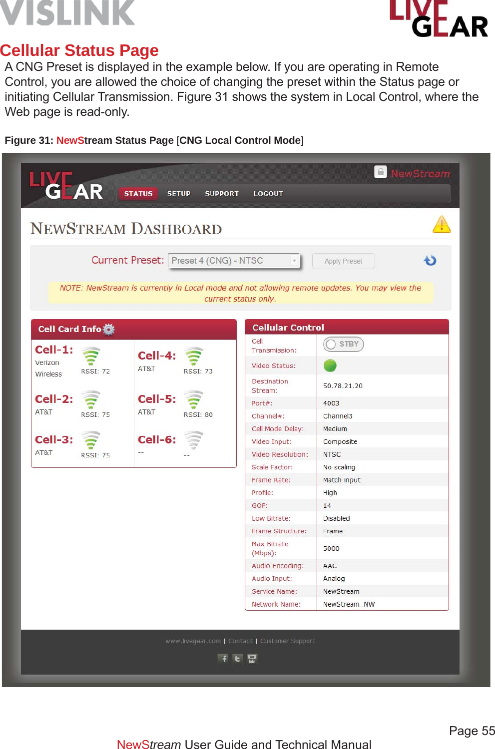             Page 55NewStream User Guide and Technical ManualFigure 31: NewStream Status Page [CNG Local Control Mode]Cellular Status PageA CNG Preset is displayed in the example below. If you are operating in Remote Control, you are allowed the choice of changing the preset within the Status page or initiating Cellular Transmission. Figure 31 shows the system in Local Control, where the Web page is read-only.