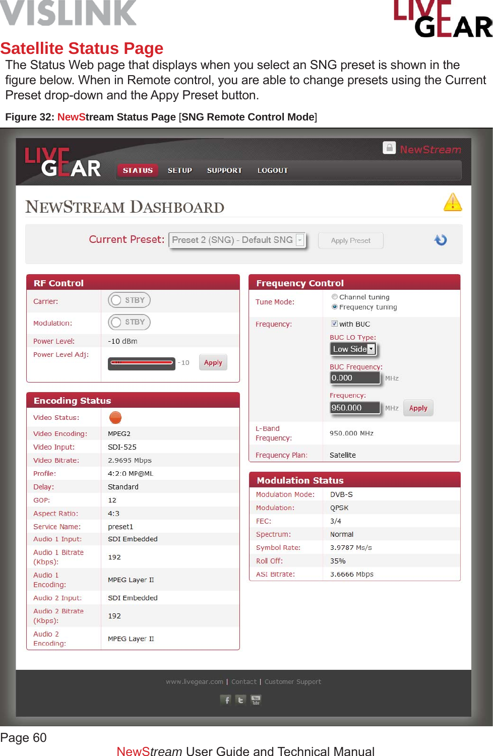 Page 60NewStream User Guide and Technical ManualSatellite Status PageThe Status Web page that displays when you select an SNG preset is shown in the ﬁ gure below. When in Remote control, you are able to change presets using the Current Preset drop-down and the Appy Preset button.  Figure 32: NewStream Status Page [SNG Remote Control Mode]