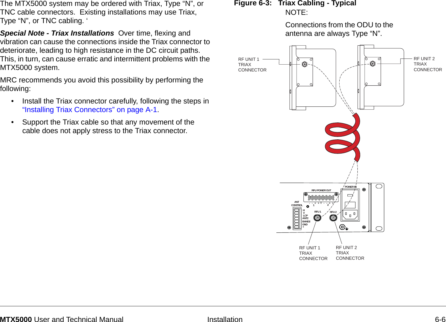   Installation 6-6MTX5000 User and Technical ManualThe MTX5000 system may be ordered with Triax, Type “N”, or TNC cable connectors.  Existing installations may use Triax, Type “N”, or TNC cabling. ‘ Special Note - Triax Installations  Over time, flexing and vibration can cause the connections inside the Triax connector to deteriorate, leading to high resistance in the DC circuit paths.  This, in turn, can cause erratic and intermittent problems with the MTX5000 system.MRC recommends you avoid this possibility by performing the following:• Install the Triax connector carefully, following the steps in “Installing Triax Connectors” on page A-1.• Support the Triax cable so that any movement of the cable does not apply stress to the Triax connector.Figure 6-3:   Triax Cabling - TypicalRF UNIT 2TRIAXCONNECTORRF UNIT 2TRIAXCONNECTORRF UNIT 1TRIAXCONNECTORRF UNIT 1TRIAXCONNECTOR        ANT   CONTROLRFU POWER OUTRFU 1 RFU 2HVLCPANT2BAND2GND+-   -   +   +-   -   +   +12POWER INNOTE:  Connections from the ODU to the antenna are always Type “N”.