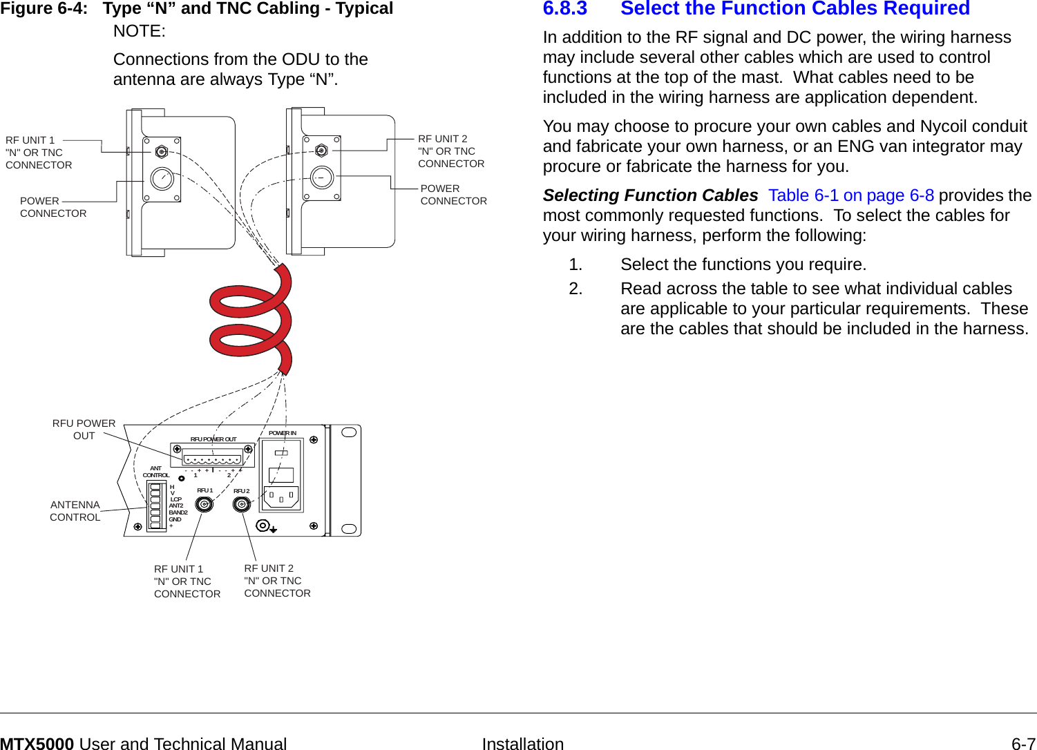   Installation 6-7MTX5000 User and Technical ManualFigure 6-4:   Type “N” and TNC Cabling - Typical RFU POWEROUTANTENNACONTROLRF UNIT 2&quot;N&quot; OR TNCCONNECTORRF UNIT 2&quot;N&quot; OR TNCCONNECTORRF UNIT 1&quot;N&quot; OR TNCCONNECTORRF UNIT 1&quot;N&quot; OR TNCCONNECTORPOWERCONNECTORPOWERCONNECTOR        ANT   CONTROLRFU POWER OUTRFU 1 RFU 2HVLCPANT2BAND2GND+-   -   +   +-   -   +   +12POWER INNOTE:  Connections from the ODU to the antenna are always Type “N”.6.8.3 Select the Function Cables RequiredIn addition to the RF signal and DC power, the wiring harness may include several other cables which are used to control functions at the top of the mast.  What cables need to be included in the wiring harness are application dependent.You may choose to procure your own cables and Nycoil conduit and fabricate your own harness, or an ENG van integrator may procure or fabricate the harness for you.Selecting Function Cables  Table 6-1 on page 6-8 provides the most commonly requested functions.  To select the cables for your wiring harness, perform the following:1. Select the functions you require.2. Read across the table to see what individual cables are applicable to your particular requirements.  These are the cables that should be included in the harness.