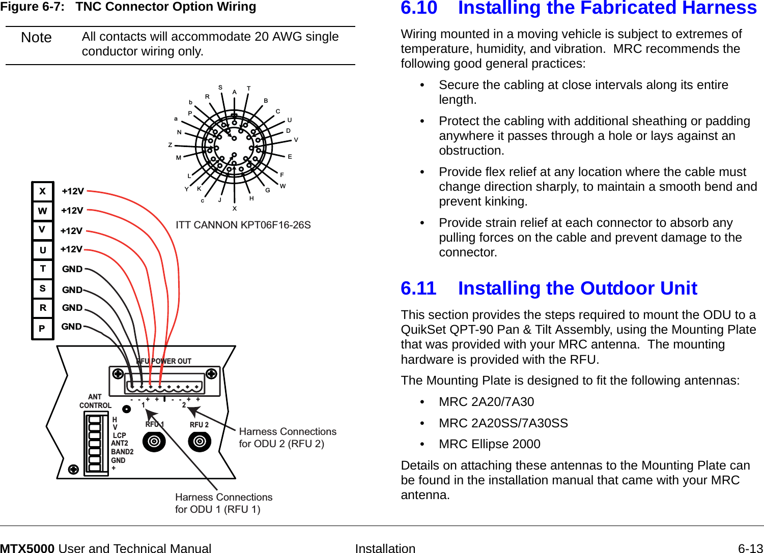   Installation 6-13MTX5000 User and Technical ManualFigure 6-7:   TNC Connector Option WiringABCDEFGHJKLMNPRSTUVWXYZabcPRSTUVWX+12V+12VGNDGNDITT CANNON KPT06F16-26S+12V+12VGNDGNDHarness Connectionsfor ODU 2 (RFU 2)Harness Connectionsfor ODU 1 (RFU 1)        ANT   CONTROLRFU POWER OUTRFU 1 RFU 2HVLCPANT2BAND2GND+-   -   +   +-   -   +   +12Note All contacts will accommodate 20 AWG single conductor wiring only.6.10 Installing the Fabricated HarnessWiring mounted in a moving vehicle is subject to extremes of temperature, humidity, and vibration.  MRC recommends the following good general practices:• Secure the cabling at close intervals along its entire length.• Protect the cabling with additional sheathing or padding anywhere it passes through a hole or lays against an obstruction. • Provide flex relief at any location where the cable must change direction sharply, to maintain a smooth bend and prevent kinking.• Provide strain relief at each connector to absorb any pulling forces on the cable and prevent damage to the connector.6.11 Installing the Outdoor Unit This section provides the steps required to mount the ODU to a QuikSet QPT-90 Pan &amp; Tilt Assembly, using the Mounting Plate that was provided with your MRC antenna.  The mounting hardware is provided with the RFU.The Mounting Plate is designed to fit the following antennas:• MRC 2A20/7A30• MRC 2A20SS/7A30SS• MRC Ellipse 2000Details on attaching these antennas to the Mounting Plate can be found in the installation manual that came with your MRC antenna.