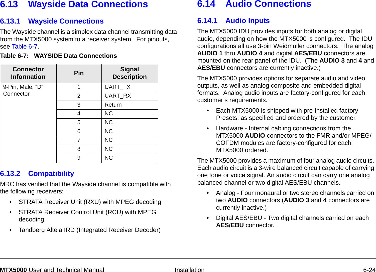   Installation 6-24MTX5000 User and Technical Manual6.13 Wayside Data Connections6.13.1 Wayside ConnectionsThe Wayside channel is a simplex data channel transmitting data from the MTX5000 system to a receiver system.  For pinouts, see Table 6-7. 6.13.2 CompatibilityMRC has verified that the Wayside channel is compatible with the following receivers:• STRATA Receiver Unit (RXU) with MPEG decoding• STRATA Receiver Control Unit (RCU) with MPEG decoding.• Tandberg Alteia IRD (Integrated Receiver Decoder)Table 6-7:   WAYSIDE Data ConnectionsConnector Information Pin Signal Description9-Pin, Male, “D” Connector.  1UART_TX2UART_RX3Return4NC5NC6NC7NC8NC9NC6.14 Audio Connections6.14.1 Audio InputsThe MTX5000 IDU provides inputs for both analog or digital audio, depending on how the MTX5000 is configured.  The IDU configurations all use 3-pin Weidmuller connectors.  The analog AUDIO 1 thru AUDIO 4 and digital AES/EBU connectors are mounted on the rear panel of the IDU.  (The AUDIO 3 and 4 and AES/EBU connectors are currently inactive.)The MTX5000 provides options for separate audio and video outputs, as well as analog composite and embedded digital formats.  Analog audio inputs are factory-configured for each customer’s requirements.• Each MTX5000 is shipped with pre-installed factory Presets, as specified and ordered by the customer. • Hardware - Internal cabling connections from the MTX5000 AUDIO connectors to the FMR and/or MPEG/COFDM modules are factory-configured for each MTX5000 ordered.The MTX5000 provides a maximum of four analog audio circuits. Each audio circuit is a 3-wire balanced circuit capable of carrying one tone or voice signal. An audio circuit can carry one analog balanced channel or two digital AES/EBU channels.• Analog - Four monaural or two stereo channels carried on two AUDIO connectors (AUDIO 3 and 4 connectors are currently inactive.)• Digital AES/EBU - Two digital channels carried on each  AES/EBU connector.  