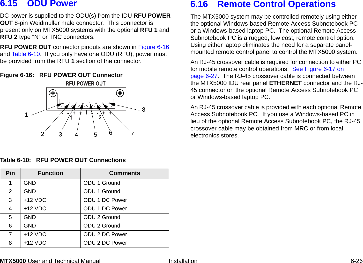   Installation 6-26MTX5000 User and Technical Manual6.15 ODU Power DC power is supplied to the ODU(s) from the IDU RFU POWER OUT 8-pin Weidmuller male connector.  This connector is present only on MTX5000 systems with the optional RFU 1 and RFU 2 type “N” or TNC connectors.  RFU POWER OUT connector pinouts are shown in Figure 6-16 and Table 6-10.  If you only have one ODU (RFU), power must be provided from the RFU 1 section of the connector.Figure 6-16:   RFU POWER OUT ConnectorTable 6-10:   RFU POWER OUT Connections Pin Function Comments1GND ODU 1 Ground2GND ODU 1 Ground3+12 VDC ODU 1 DC Power4+12 VDC ODU 1 DC Power5GND ODU 2 Ground6GND ODU 2 Ground7+12 VDC ODU 2 DC Power8+12 VDC ODU 2 DC PowerRFU POWER OUT-   -   +   +-   -   +   +12128765436.16 Remote Control OperationsThe MTX5000 system may be controlled remotely using either the optional Windows-based Remote Access Subnotebook PC or a Windows-based laptop PC.  The optional Remote Access Subnotebook PC is a rugged, low cost, remote control option. Using either laptop eliminates the need for a separate panel-mounted remote control panel to control the MTX5000 system.An RJ-45 crossover cable is required for connection to either PC for mobile remote control operations.  See Figure 6-17 on page 6-27.  The RJ-45 crossover cable is connected between the MTX5000 IDU rear panel ETHERNET connector and the RJ-45 connector on the optional Remote Access Subnotebook PC or Windows-based laptop PC.  An RJ-45 crossover cable is provided with each optional Remote Access Subnotebook PC.  If you use a Windows-based PC in lieu of the optional Remote Access Subnotebook PC, the RJ-45 crossover cable may be obtained from MRC or from local electronics stores.