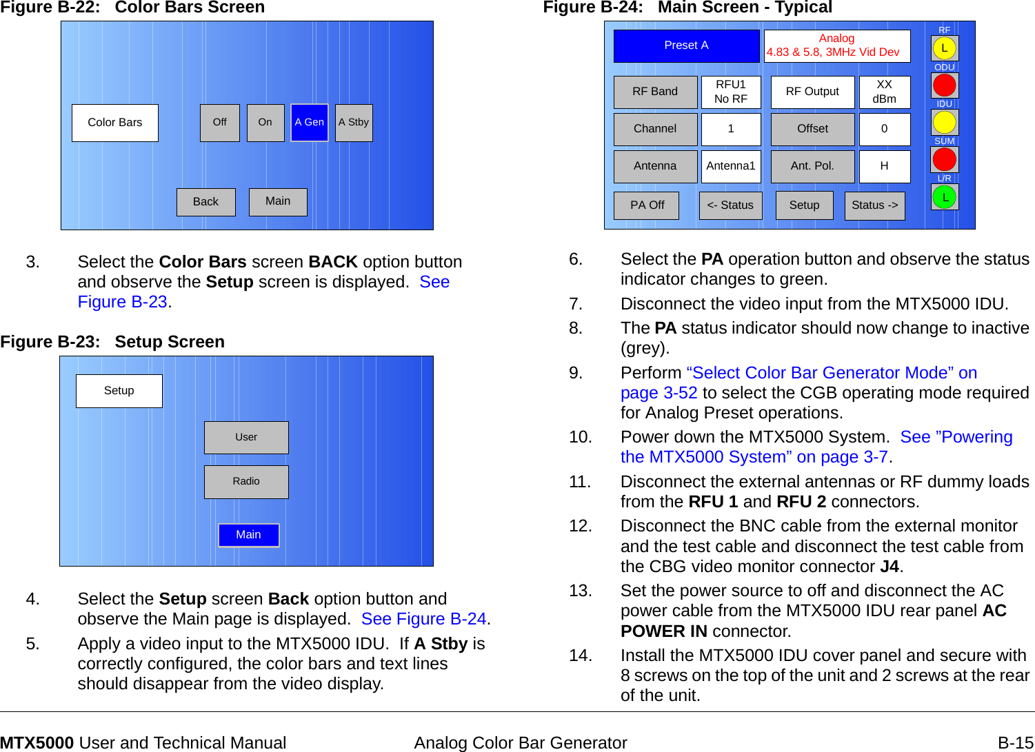  Analog Color Bar Generator B-15MTX5000 User and Technical ManualFigure B-22:   Color Bars Screen  3. Select the Color Bars screen BACK option button and observe the Setup screen is displayed.  See Figure B-23.Figure B-23:   Setup Screen  4. Select the Setup screen Back option button and observe the Main page is displayed.  See Figure B-24.5. Apply a video input to the MTX5000 IDU.  If A Stby is correctly configured, the color bars and text lines should disappear from the video display.Color Bars A GenOnOff A StbyBack MainSetupUserMainRadioFigure B-24:   Main Screen - Typical6. Select the PA operation button and observe the status indicator changes to green.7. Disconnect the video input from the MTX5000 IDU.8. The PA status indicator should now change to inactive (grey).9. Perform “Select Color Bar Generator Mode” on page 3-52 to select the CGB operating mode required for Analog Preset operations.10. Power down the MTX5000 System.  See ”Powering the MTX5000 System” on page 3-7.11. Disconnect the external antennas or RF dummy loads from the RFU 1 and RFU 2 connectors.12. Disconnect the BNC cable from the external monitor and the test cable and disconnect the test cable from the CBG video monitor connector J4.13. Set the power source to off and disconnect the AC power cable from the MTX5000 IDU rear panel AC POWER IN connector.14. Install the MTX5000 IDU cover panel and secure with 8 screws on the top of the unit and 2 screws at the rear of the unit.Channel 1 0OffsetAntenna Ant. Pol.Antenna1 HRFU1No RFRF BandPreset A  Analog 4.83 &amp; 5.8, 3MHz Vid DevRF Output XXdBm&lt;- Status Setup Status -&gt; PA OffSUMODUIDURFL/RLL