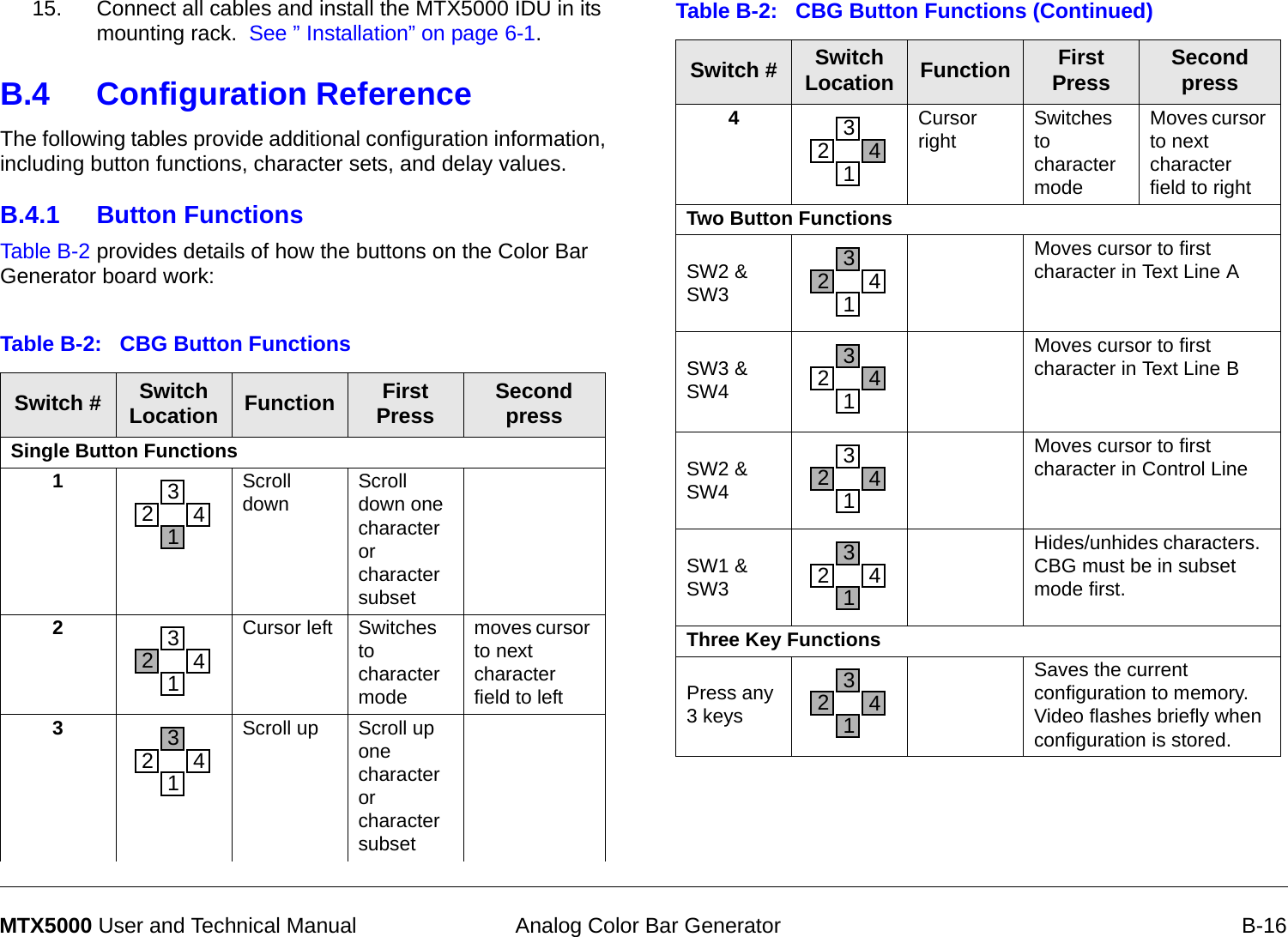  Analog Color Bar Generator B-16MTX5000 User and Technical Manual15. Connect all cables and install the MTX5000 IDU in its mounting rack.  See ” Installation” on page 6-1.B.4 Configuration ReferenceThe following tables provide additional configuration information, including button functions, character sets, and delay values. B.4.1 Button FunctionsTable B-2 provides details of how the buttons on the Color Bar Generator board work:Table B-2:   CBG Button Functions Switch # Switch Location Function First Press Second pressSingle Button Functions1Scroll down Scroll down one character or character subset2Cursor left Switches to character modemoves cursor to next character field to left3Scroll up Scroll up one character or character subset2431243124314Cursor right Switches to character modeMoves cursor to next character field to rightTwo Button FunctionsSW2 &amp; SW3Moves cursor to first character in Text Line ASW3 &amp; SW4Moves cursor to first character in Text Line BSW2 &amp; SW4Moves cursor to first character in Control LineSW1 &amp; SW3Hides/unhides characters.  CBG must be in subset mode first. Three Key FunctionsPress any3 keysSaves the current configuration to memory.  Video flashes briefly when configuration is stored.Table B-2:   CBG Button Functions (Continued)Switch # Switch Location Function First Press Second press243124312431243124312431