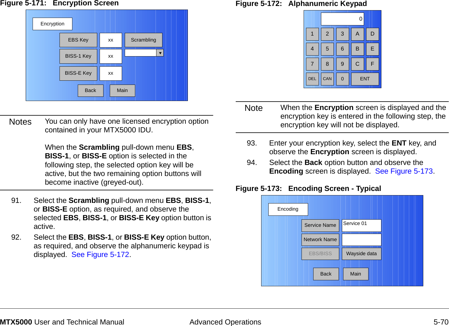  Advanced Operations 5-70MTX5000 User and Technical ManualFigure 5-171:   Encryption Screen  Notes You can only have one licensed encryption option contained in your MTX5000 IDU.    When the Scrambling pull-down menu EBS, BISS-1, or BISS-E option is selected in the following step, the selected option key will be active, but the two remaining option buttons will become inactive (greyed-out).91. Select the Scrambling pull-down menu EBS, BISS-1, or BISS-E option, as required, and observe the selected EBS, BISS-1, or BISS-E Key option button is active.92. Select the EBS, BISS-1, or BISS-E Key option button, as required, and observe the alphanumeric keypad is displayed.  See Figure 5-172.EncryptionBackEBS KeyBISS-1 KeyBISS-E Keyxx ScramblingxxxxMainFigure 5-172:   Alphanumeric Keypad  Note When the Encryption screen is displayed and the encryption key is entered in the following step, the encryption key will not be displayed.93. Enter your encryption key, select the ENT key, and observe the Encryption screen is displayed.94. Select the Back option button and observe the Encoding screen is displayed.  See Figure 5-173.Figure 5-173:   Encoding Screen - Typical1 2 30475 68 9DEL CAN 0ENTA DB EC FEncodingBackService NameNetwork NameEBS/BISS Wayside dataService 01Main