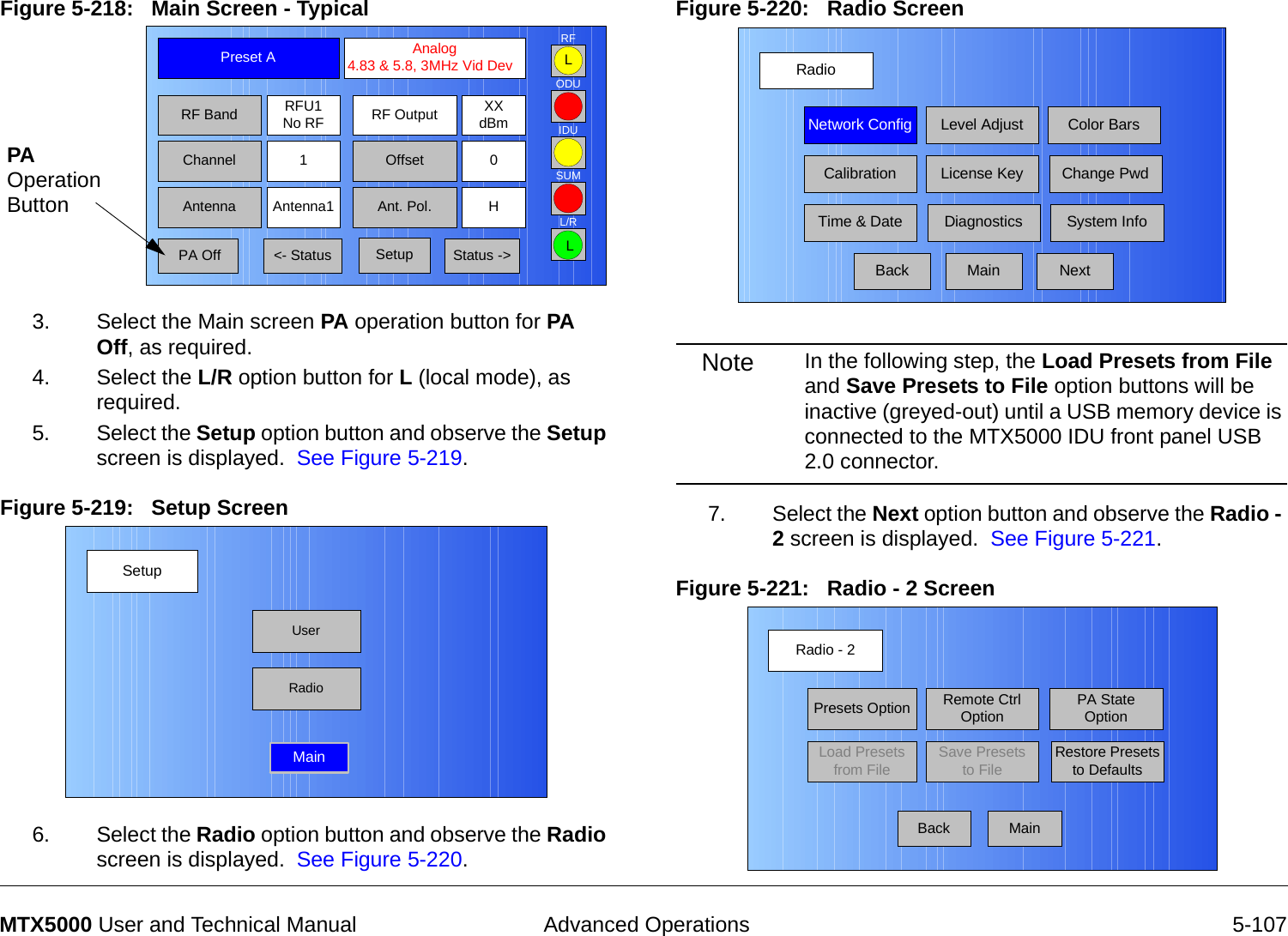  Advanced Operations 5-107MTX5000 User and Technical ManualFigure 5-218:   Main Screen - Typical  3. Select the Main screen PA operation button for PA Off, as required.4. Select the L/R option button for L (local mode), as required.5. Select the Setup option button and observe the Setup screen is displayed.  See Figure 5-219.Figure 5-219:   Setup Screen  6. Select the Radio option button and observe the Radio screen is displayed.  See Figure 5-220.Channel 1 0OffsetAntenna Ant. Pol.Antenna1 HRFU1No RFRF BandPreset A  Analog 4.83 &amp; 5.8, 3MHz Vid DevRF Output XXdBm&lt;- Status Setup Status -&gt; PA OffSUMODUIDURFL/RLLPA Operation ButtonSetupUserMainRadioFigure 5-220:   Radio Screen Note In the following step, the Load Presets from File and Save Presets to File option buttons will be inactive (greyed-out) until a USB memory device is connected to the MTX5000 IDU front panel USB 2.0 connector.7. Select the Next option button and observe the Radio - 2 screen is displayed.  See Figure 5-221.Figure 5-221:   Radio - 2 Screen  RadioBackNetwork Config Level Adjust Color BarsCalibrationTime &amp; DateChange PwdSystem InfoLicense KeyDiagnosticsNextMainRadio - 2BackPresets OptionLoad Presets from FileRemote Ctrl OptionSave Presets to FilePA State OptionRestore Presets to DefaultsMain