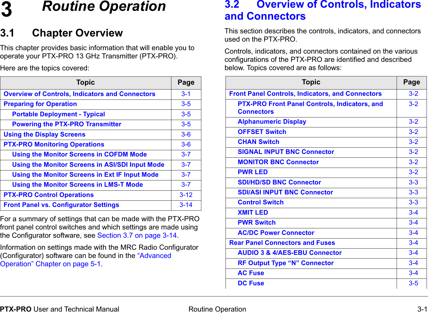 3 Routine Operation 3-1PTX-PRO User and Technical ManualRoutine Operation3.1 Chapter OverviewThis chapter provides basic information that will enable you to operate your PTX-PRO 13 GHz Transmitter (PTX-PRO). Here are the topics covered:  For a summary of settings that can be made with the PTX-PRO front panel control switches and which settings are made using the Configurator software, see Section 3.7 on page 3-14.Information on settings made with the MRC Radio Configurator (Configurator) software can be found in the “Advanced Operation” Chapter on page 5-1.Topic PageOverview of Controls, Indicators and Connectors 3-1Preparing for Operation 3-5Portable Deployment - Typical 3-5Powering the PTX-PRO Transmitter 3-5Using the Display Screens 3-6PTX-PRO Monitoring Operations 3-6Using the Monitor Screens in COFDM Mode 3-7Using the Monitor Screens in ASI/SDI Input Mode 3-7Using the Monitor Screens in Ext IF Input Mode 3-7Using the Monitor Screens in LMS-T Mode 3-7PTX-PRO Control Operations 3-12Front Panel vs. Configurator Settings 3-143.2 Overview of Controls, Indicators and Connectors This section describes the controls, indicators, and connectors used on the PTX-PRO. Controls, indicators, and connectors contained on the various configurations of the PTX-PRO are identified and described below. Topics covered are as follows:  Topic PageFront Panel Controls, Indicators, and Connectors 3-2PTX-PRO Front Panel Controls, Indicators, and Connectors3-2Alphanumeric Display 3-2OFFSET Switch 3-2CHAN Switch 3-2SIGNAL INPUT BNC Connector 3-2MONITOR BNC Connector 3-2PWR LED 3-2SDI/HD/SD BNC Connector 3-3SDI/ASI INPUT BNC Connector 3-3Control Switch 3-3XMIT LED 3-4PWR Switch 3-4AC/DC Power Connector 3-4Rear Panel Connectors and Fuses 3-4AUDIO 3 &amp; 4/AES-EBU Connector 3-4RF Output Type “N” Connector 3-4AC Fuse 3-4DC Fuse 3-5