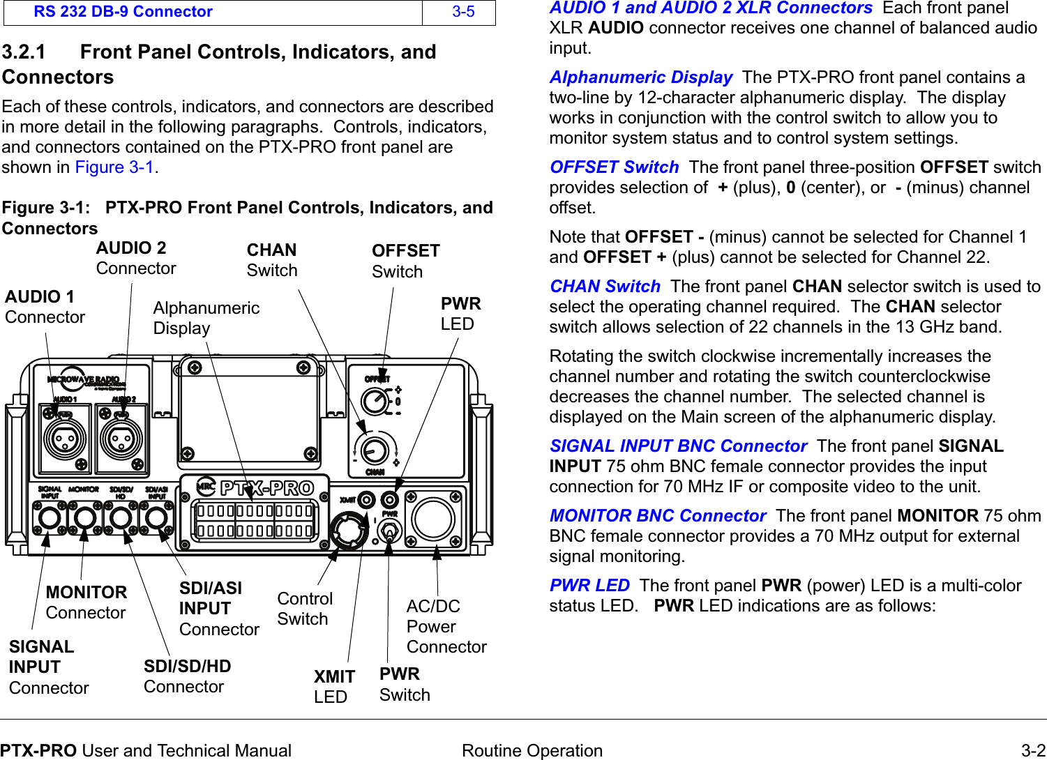  Routine Operation 3-2PTX-PRO User and Technical Manual3.2.1 Front Panel Controls, Indicators, and ConnectorsEach of these controls, indicators, and connectors are described in more detail in the following paragraphs.  Controls, indicators, and connectors contained on the PTX-PRO front panel are shown in Figure 3-1.  Figure 3-1:   PTX-PRO Front Panel Controls, Indicators, and ConnectorsRS 232 DB-9 Connector 3-5AUDIO 2 ConnectorAUDIO 1 ConnectorCHAN SwitchOFFSET SwitchAlphanumeric DisplayMONITOR ConnectorSIGNAL INPUT ConnectorSDI/ASI INPUT ConnectorAC/DC Power ConnectorPWR SwitchPWR LEDXMIT LEDControl SwitchSDI/SD/HD ConnectorAUDIO 1 and AUDIO 2 XLR Connectors  Each front panel XLR AUDIO connector receives one channel of balanced audio input.Alphanumeric Display  The PTX-PRO front panel contains a two-line by 12-character alphanumeric display.  The display works in conjunction with the control switch to allow you to monitor system status and to control system settings. OFFSET Switch  The front panel three-position OFFSET switch provides selection of  + (plus), 0 (center), or  - (minus) channel offset.  Note that OFFSET - (minus) cannot be selected for Channel 1 and OFFSET + (plus) cannot be selected for Channel 22.CHAN Switch  The front panel CHAN selector switch is used to select the operating channel required.  The CHAN selector switch allows selection of 22 channels in the 13 GHz band.   Rotating the switch clockwise incrementally increases the channel number and rotating the switch counterclockwise decreases the channel number.  The selected channel is displayed on the Main screen of the alphanumeric display.SIGNAL INPUT BNC Connector  The front panel SIGNAL INPUT 75 ohm BNC female connector provides the input connection for 70 MHz IF or composite video to the unit.MONITOR BNC Connector  The front panel MONITOR 75 ohm BNC female connector provides a 70 MHz output for external signal monitoring.PWR LED  The front panel PWR (power) LED is a multi-color status LED.   PWR LED indications are as follows: