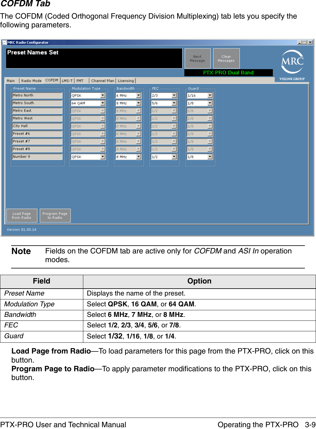 Operating the PTX-PRO   3-9PTX-PRO User and Technical ManualCOFDM TabThe COFDM (Coded Orthogonal Frequency Division Multiplexing) tab lets you specify the following parameters. Note Fields on the COFDM tab are active only for COFDM and ASI In operation modes.Load Page from Radio—To load parameters for this page from the PTX-PRO, click on this button.Program Page to Radio—To apply parameter modifications to the PTX-PRO, click on this button.Field OptionPreset Name Displays the name of the preset.Modulation Type Select QPSK, 16 QAM, or 64 QAM.Bandwidth Select 6 MHz, 7 MHz, or 8 MHz.FEC Select 1/2, 2/3, 3/4, 5/6, or 7/8.Guard Select 1/32, 1/16, 1/8, or 1/4.