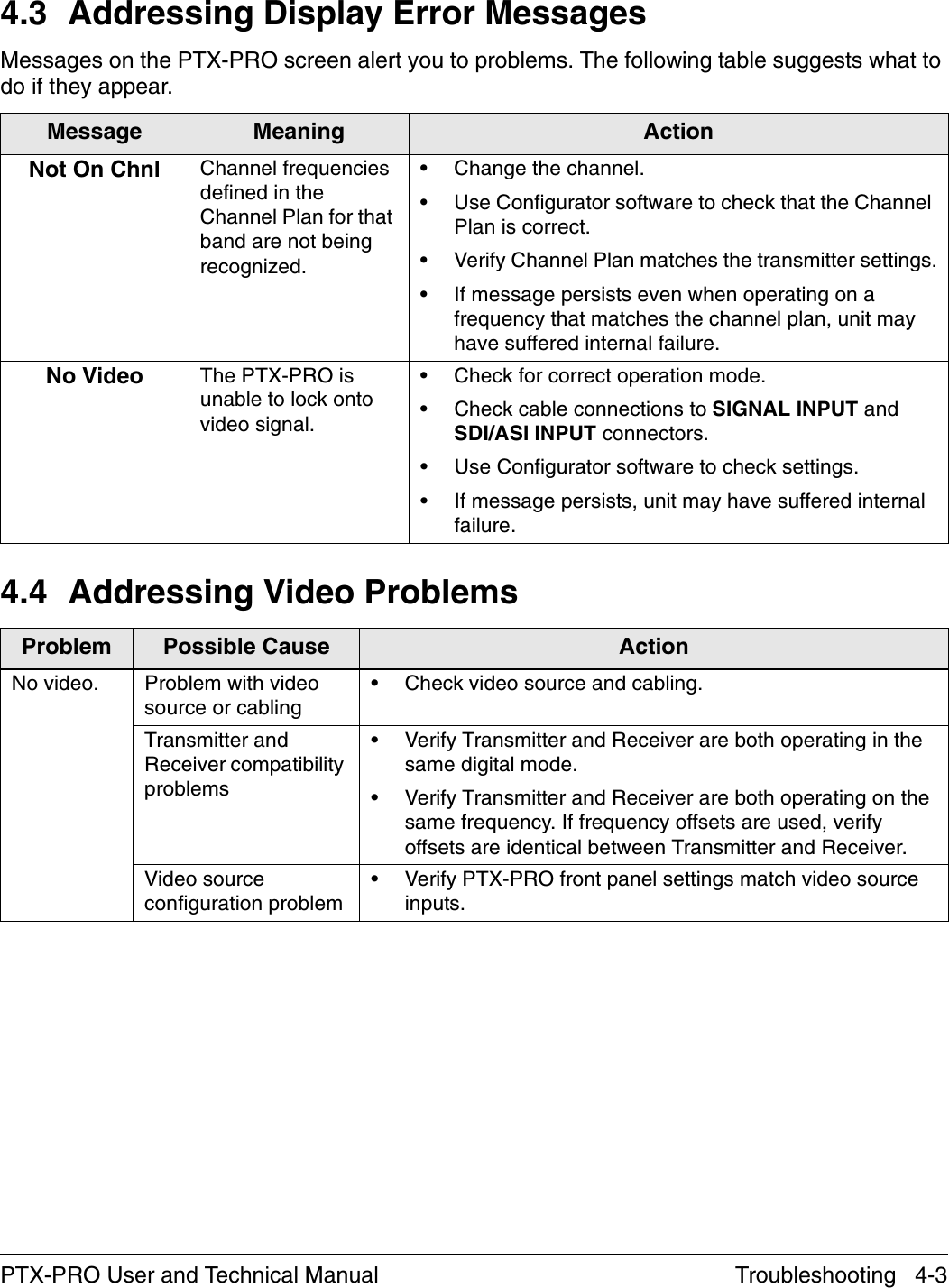Troubleshooting   4-3PTX-PRO User and Technical Manual4.3 Addressing Display Error MessagesMessages on the PTX-PRO screen alert you to problems. The following table suggests what to do if they appear.4.4 Addressing Video ProblemsMessage Meaning ActionNot On Chnl Channel frequencies defined in the Channel Plan for that band are not being recognized. • Change the channel.• Use Configurator software to check that the Channel Plan is correct. • Verify Channel Plan matches the transmitter settings.• If message persists even when operating on a frequency that matches the channel plan, unit may have suffered internal failure.No Video The PTX-PRO is unable to lock onto video signal.• Check for correct operation mode.• Check cable connections to SIGNAL INPUT and SDI/ASI INPUT connectors.• Use Configurator software to check settings. • If message persists, unit may have suffered internal failure.Problem Possible Cause ActionNo video. Problem with video source or cabling• Check video source and cabling.Transmitter and Receiver compatibility problems• Verify Transmitter and Receiver are both operating in the same digital mode.• Verify Transmitter and Receiver are both operating on the same frequency. If frequency offsets are used, verify offsets are identical between Transmitter and Receiver.Video source configuration problem• Verify PTX-PRO front panel settings match video source inputs.
