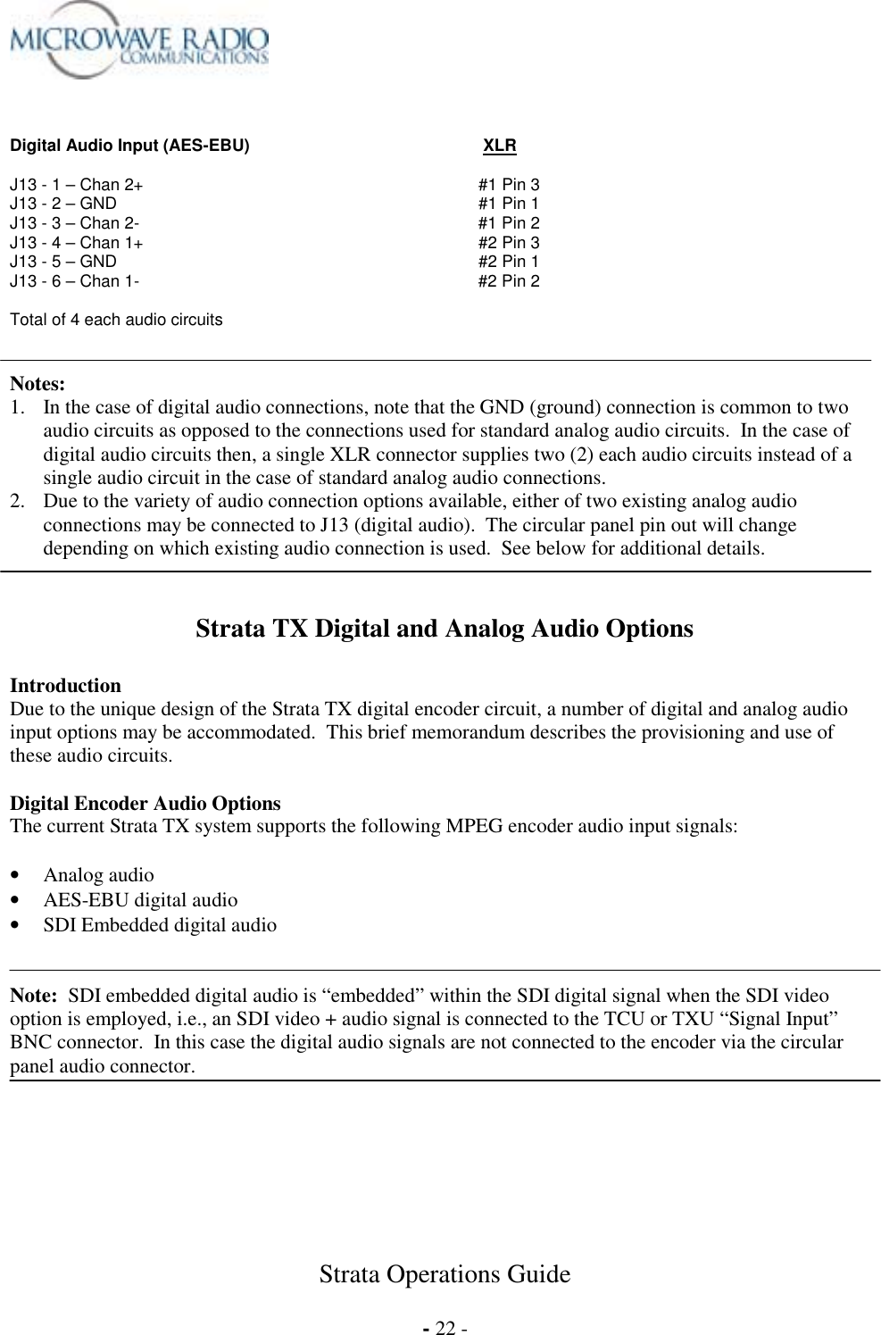  Strata Operations Guide  - 22 -    Digital Audio Input (AES-EBU)         XLR  J13 - 1 – Chan 2+      #1 Pin 3 J13 - 2 – GND       #1 Pin 1 J13 - 3 – Chan 2-      #1 Pin 2 J13 - 4 – Chan 1+      #2 Pin 3 J13 - 5 – GND      #2 Pin 1 J13 - 6 – Chan 1-      #2 Pin 2  Total of 4 each audio circuits    Notes:   1.  In the case of digital audio connections, note that the GND (ground) connection is common to two audio circuits as opposed to the connections used for standard analog audio circuits.  In the case of digital audio circuits then, a single XLR connector supplies two (2) each audio circuits instead of a single audio circuit in the case of standard analog audio connections. 2.  Due to the variety of audio connection options available, either of two existing analog audio connections may be connected to J13 (digital audio).  The circular panel pin out will change depending on which existing audio connection is used.  See below for additional details.   Strata TX Digital and Analog Audio Options  Introduction Due to the unique design of the Strata TX digital encoder circuit, a number of digital and analog audio input options may be accommodated.  This brief memorandum describes the provisioning and use of these audio circuits.  Digital Encoder Audio Options The current Strata TX system supports the following MPEG encoder audio input signals:  •  Analog audio •  AES-EBU digital audio •  SDI Embedded digital audio   Note:  SDI embedded digital audio is “embedded” within the SDI digital signal when the SDI video option is employed, i.e., an SDI video + audio signal is connected to the TCU or TXU “Signal Input” BNC connector.  In this case the digital audio signals are not connected to the encoder via the circular panel audio connector.   