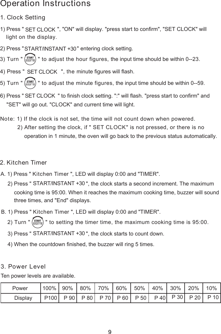 Operation InstructionsPress &quot;                     &quot;, the minute figures will flash.1) Press &quot;                      &quot;, &quot;ON&quot; will display. &quot;press start to confirm&quot;, &quot;SET CLOCK&quot; will &quot; to finish clock setting. &quot;:&quot; will flash. &quot;press start to confirm&quot; andSET CLOCK light on the display.2) Press &quot;                       &quot;START/INSTANT +30               entering clock setting.) Turn &quot;         &quot; to adjust the hour figures, the input time should be within  -- .3    0 234)  SET CLOCK ) Turn &quot;         &quot; to adjust the  figures,     5 minute  the input time should be within 0--59.6) Press &quot;  SET CLOCK &quot;&quot;SET  will go out. &quot;CLOCK&quot; and current time will light.Note: 1) If the clock is not set, the time will not count down when powered.          2) After setting the clock, if &quot;  &quot; is not pressed, or there is nowill go back to the previous status automatically.SET CLOCKoperation in 1 minute, the oven Kitchen Timer &quot;, LED will display 0:00) Press &quot;                                    &quot;, the clock starts a second increment. The maximum and &quot;TIMER&quot;.2                   START/INSTANT +30     cooking time is 95:00. When it reaches the maximum cooking time, buzzer will soundthree times nd &quot;End&quot; displays., aA. 1) Press &quot; Kitchen Timer &quot;, LED will display 0:00 and &quot;TIMER&quot;.. 1) Press &quot; B) Turn &quot;         &quot; to    2 setting the timer time, the maximum cooking time is 95:00.                   START/INSTANT +30     3) Press &quot;                                    &quot;, the clock starts to count down.4) When the  he buzzer will ring 5 times.countdown finished, t1. Clock Setting2. Kitchen TimerTen power levels are available.Power 100% 90% 80% 70% 60% 50% 40% 30% 20% 10%P100 P 90 P 80 P 70 P 60 P 50 P 40 P 30 P 20 P 10Display. Power Level39