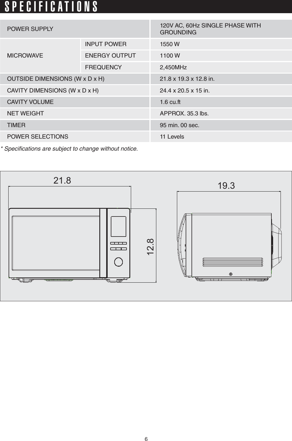 SPECIFICATIONSPOWER SUPPLY 120V AC, 60Hz SINGLE PHASE WITHGROUNDINGMICROWAVEINPUT POWER 1550 WENERGY OUTPUTFREQUENCY 2,450MHzOUTSIDE DIMENSIONS (W x D x H)CAVITY DIMENSIONS (W x D x H)CAVITY VOLUMENET WEIGHT APPROX. 35.3 lbs.TIMERPOWER SELECTIONS 11 Levels* Specifications are subject to change without notice.95 min. 00 sec.12.81100 W21.8 x 19.3 x 12.8 in.24.4 x 20.5 x 15 in.1.6 cu.ft21.8 19.36