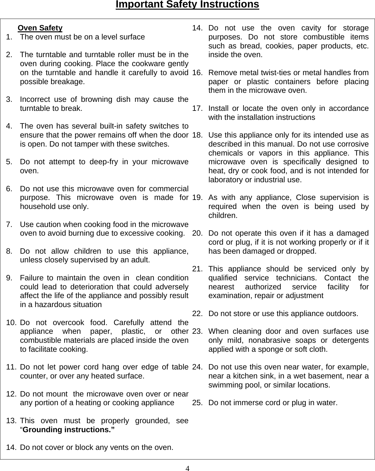  4Important Safety Instructions                                                 Oven Safety 1.  The oven must be on a level surface  2.  The turntable and turntable roller must be in the oven during cooking. Place the cookware gently on the turntable and handle it carefully to avoid possible breakage.  3.  Incorrect use of browning dish may cause the turntable to break.  4.  The oven has several built-in safety switches to ensure that the power remains off when the door is open. Do not tamper with these switches.  5.  Do not attempt to deep-fry in your microwave oven.  6.  Do not use this microwave oven for commercial purpose. This microwave oven is made for household use only.  7.  Use caution when cooking food in the microwave oven to avoid burning due to excessive cooking.  8.  Do not allow children to use this appliance, unless closely supervised by an adult.  9.  Failure to maintain the oven in  clean condition could lead to deterioration that could adversely affect the life of the appliance and possibly result in a hazardous situation  10. Do not overcook food. Carefully attend the appliance when paper, plastic, or other combustible materials are placed inside the oven to facilitate cooking.  11. Do not let power cord hang over edge of table counter, or over any heated surface.  12. Do not mount  the microwave oven over or near any portion of a heating or cooking appliance  13. This oven must be properly grounded, see “Grounding instructions.”  14. Do not cover or block any vents on the oven. 14. Do not use the oven cavity for storage purposes. Do not store combustible items such as bread, cookies, paper products, etc. inside the oven.  16.  Remove metal twist-ties or metal handles from paper or plastic containers before placing them in the microwave oven.  17.  Install or locate the oven only in accordance with the installation instructions  18.  Use this appliance only for its intended use as described in this manual. Do not use corrosive chemicals or vapors in this appliance. This microwave oven is specifically designed to heat, dry or cook food, and is not intended for laboratory or industrial use.  19.  As with any appliance, Close supervision is required when the oven is being used by children.  20.  Do not operate this oven if it has a damaged cord or plug, if it is not working properly or if it has been damaged or dropped.  21. This appliance should be serviced only by qualified service technicians. Contact the nearest authorized service facility for examination, repair or adjustment  22.  Do not store or use this appliance outdoors.  23.  When cleaning door and oven surfaces use only mild, nonabrasive soaps or detergents applied with a sponge or soft cloth.  24.  Do not use this oven near water, for example, near a kitchen sink, in a wet basement, near a swimming pool, or similar locations.   25.  Do not immerse cord or plug in water.   