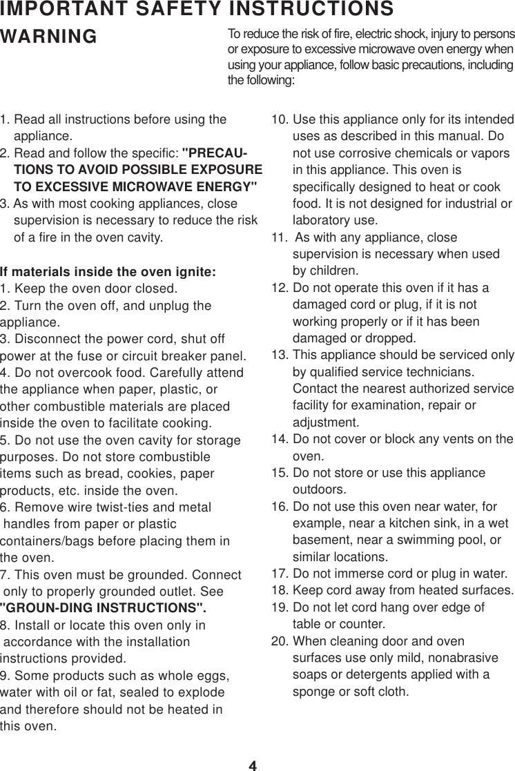 44IMPORTANT SAFETY INSTRUCTIONSWARNING1. Read all instructions before using the    appliance.2. Read and follow the specific: &quot;PRECAU-    TIONS TO AVOID POSSIBLE EXPOSURE    TO EXCESSIVE MICROWAVE ENERGY&quot;3. As with most cooking appliances, close    supervision is necessary to reduce the risk    of a fire in the oven cavity.If materials inside the oven ignite:1. Keep the oven door closed.2. Turn the oven off, and unplug theappliance.3. Disconnect the power cord, shut offpower at the fuse or circuit breaker panel.4. Do not overcook food. Carefully attendthe appliance when paper, plastic, orother combustible materials are placedinside the oven to facilitate cooking.5. Do not use the oven cavity for storagepurposes. Do not store combustibleitems such as bread, cookies, paperproducts, etc. inside the oven.6. Remove wire twist-ties and metal handles from paper or plasticcontainers/bags before placing them inthe oven.7. This oven must be grounded. Connect only to properly grounded outlet. See&quot;GROUN-DING INSTRUCTIONS&quot;.8. Install or locate this oven only in accordance with the installationinstructions provided.9. Some products such as whole eggs,water with oil or fat, sealed to explodeand therefore should not be heated inthis oven.To reduce the risk of fire, electric shock, injury to personsor exposure to excessive microwave oven energy whenusing your appliance, follow basic precautions, includingthe following:10. Use this appliance only for its intended      uses as described in this manual. Do      not use corrosive chemicals or vapors      in this appliance. This oven is      specifically designed to heat or cook      food. It is not designed for industrial or      laboratory use.11.  As with any appliance, close      supervision is necessary when used      by children.12. Do not operate this oven if it has a      damaged cord or plug, if it is not      working properly or if it has been      damaged or dropped.13. This appliance should be serviced only      by qualified service technicians.      Contact the nearest authorized service      facility for examination, repair or      adjustment.14. Do not cover or block any vents on the      oven.15. Do not store or use this appliance      outdoors.16. Do not use this oven near water, for      example, near a kitchen sink, in a wet      basement, near a swimming pool, or      similar locations.17. Do not immerse cord or plug in water.18. Keep cord away from heated surfaces.19. Do not let cord hang over edge of      table or counter.20. When cleaning door and oven      surfaces use only mild, nonabrasive      soaps or detergents applied with a      sponge or soft cloth.