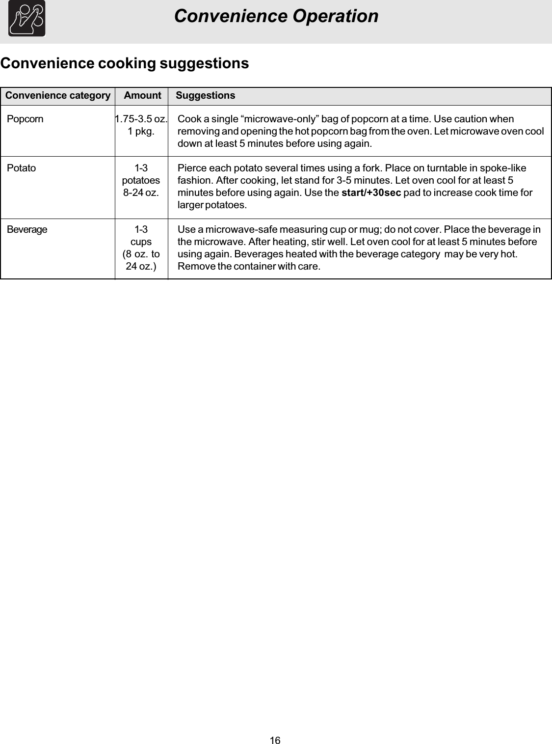 16Convenience OperationConvenience cooking suggestionsPopcornPotatoBeverageCook a single “microwave-only” bag of popcorn at a time. Use caution whenremoving and opening the hot popcorn bag from the oven. Let microwave oven cooldown at least 5 minutes before using again.Pierce each potato several times using a fork. Place on turntable in spoke-likefashion. After cooking, let stand for 3-5 minutes. Let oven cool for at least 5minutes before using again. Use the start/+30sec pad to increase cook time forlarger potatoes.Use a microwave-safe measuring cup or mug; do not cover. Place the beverage inthe microwave. After heating, stir well. Let oven cool for at least 5 minutes beforeusing again. Beverages heated with the beverage category  may be very hot.Remove the container with care.1.75-3.5 oz.1 pkg.1-3potatoes8-24 oz.1-3cups(8 oz. to24 oz.)Convenience category Amount Suggestions