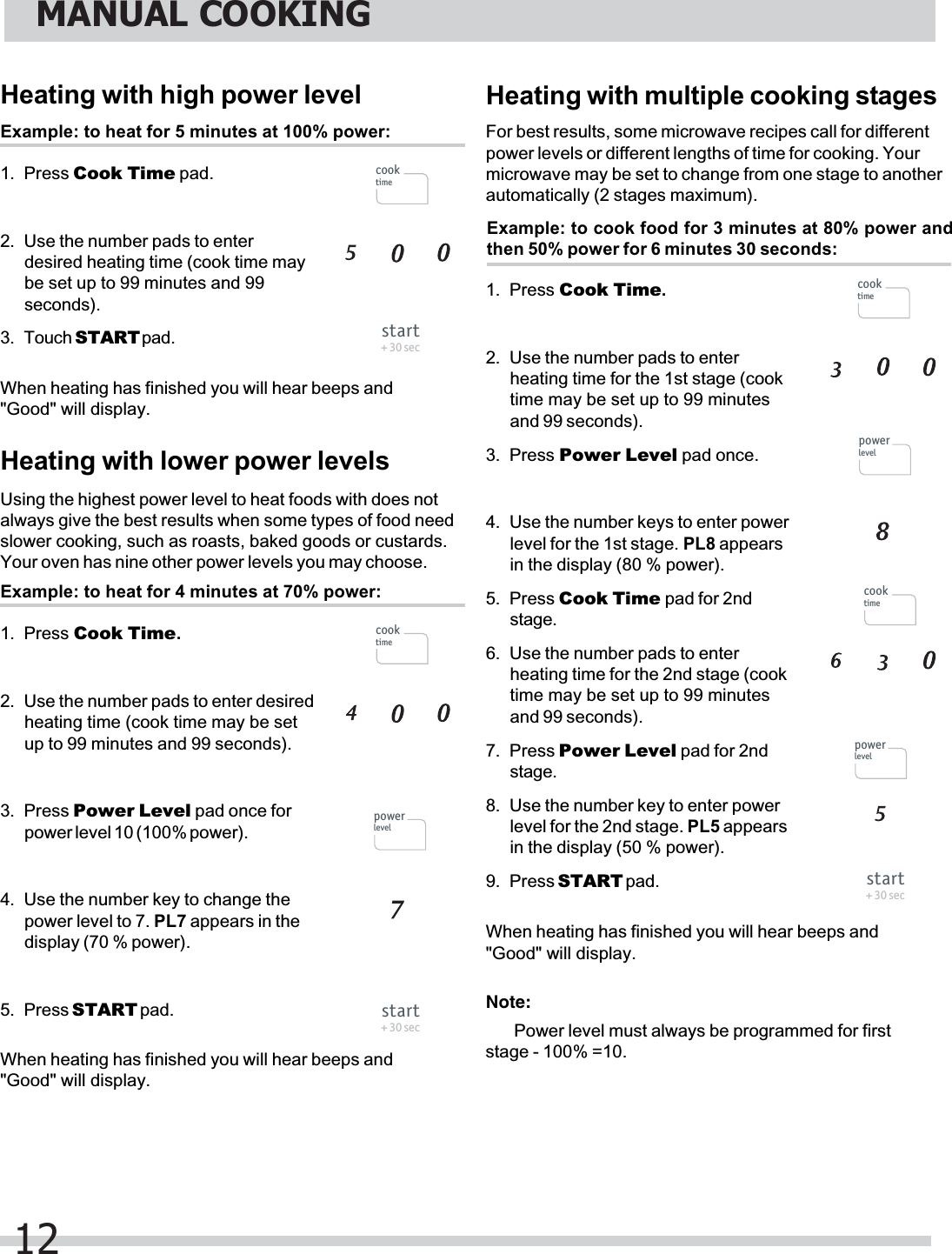 Heating with multiple cooking stagesExample: to cook food for 3 minutes at 80% power andthen 50% power for 6 minutes 30 seconds:For best results, some microwave recipes call for differentpower levels or different lengths of time for cooking. Yourmicrowave may be set to change from one stage to anotherautomatically (2 stages maximum).1. Press Cook Time.2. Use the number pads to enterheating time for the 1st stage (cooktime may be set up to 99 minutesand 99 seconds).3. Press Power Level pad once.4. Use the number keys to enter powerlevel for the 1st stage. PL8 appearsin the display (80 % power).5. Press Cook Time pad for 2ndstage.6. Use the number pads to enterheating time for the 2nd stage (cooktime may be set up to 99 minutesand 99 seconds).7.stage.8. Use the number key to enter powerlevel for the 2nd stage. PL5 appearsin the display (50 % power).9. Press START pad.Heating with high power levelExample: to heat for 5 minutes at 100% power:1. Press Cook Time pad.2. Use the number pads to enterdesired heating time (cook time maybe set up to 99 minutes and 99seconds).3. Touch STARTpad.Heating with lower power levelsExample: to heat for 4 minutes at 70% power:1. Press Cook Time.2. Use the number pads to enter desiredheating time (cook time may be setup to 99 minutes and 99 seconds).3. Press Power Level pad once forpower level 10 (100% power).4. Use the number key to change thepower level to 7. PL7 appears in thedisplay (70 % power).5. Press START pad.Using the highest power level to heat foods with does notalways give the best results when some types of food needslower cooking, such as roasts, baked goods or custards.Your oven has nine other power levels you may choose.&quot;Good&quot; will display.&quot;Good&quot; will display.&quot;Good&quot; will display.Note:Power level must always be programmed for first stage - 100% =10.When heating has finished you will hear beeps andWhen heating has finished you will hear beeps andWhen heating has finished you will hear beeps andMANUAL COOKING12cooktimestart+ 30 seccooktimepowerlevelstart+ 30 seccooktimepowerlevelcooktimepowerlevelstart+ 30 secPress Power Level pad for 2nd