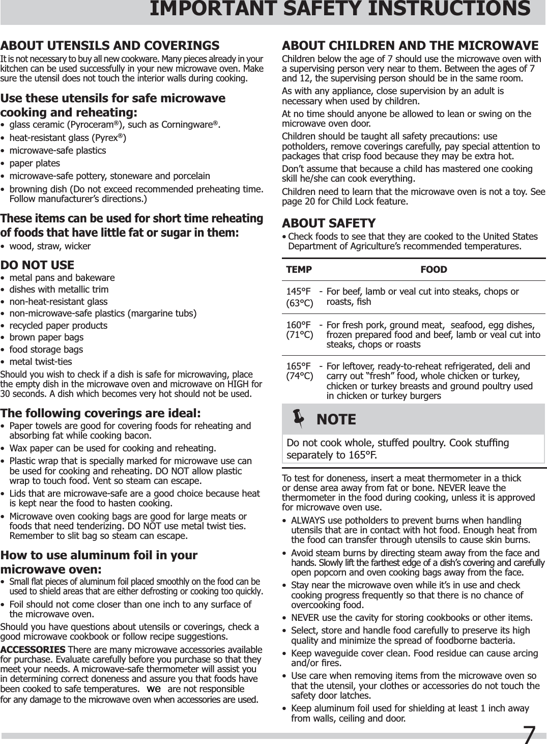 7ABOUT CHILDREN AND THE MICROWAVEChildren below the age of 7 should use the microwave oven with a supervising person very near to them. Between the ages of 7 and 12, the supervising person should be in the same room.As with any appliance, close supervision by an adult is necessary when used by children.At no time should anyone be allowed to lean or swing on the microwave oven door.Children should be taught all safety precautions: use potholders, remove coverings carefully, pay special attention to packages that crisp food because they may be extra hot.Don’t assume that because a child has mastered one cooking skill he/she can cook everything.Children need to learn that the microwave oven is not a toy. See page 20 for Child Lock feature.ABOUT SAFETY• Check foods to see that they are cooked to the United States Department of Agriculture’s recommended temperatures.TEMP FOOD145°F(63°C)-  For beef, lamb or veal cut into steaks, chops or roasts, ﬁ sh160°F(71°C)- For fresh pork, ground meat,  seafood, egg dishes, frozen prepared food and beef, lamb or veal cut into steaks, chops or roasts165°F(74°C)- For leftover, ready-to-reheat refrigerated, deli and carry out “fresh” food, whole chicken or turkey, chicken or turkey breasts and ground poultry used in chicken or turkey burgers To test for doneness, insert a meat thermometer in a thick or dense area away from fat or bone. NEVER leave the thermometer in the food during cooking, unless it is approved for microwave oven use.•  ALWAYS use potholders to prevent burns when handling utensils that are in contact with hot food. Enough heat from the food can transfer through utensils to cause skin burns.•  Avoid steam burns by directing steam away from the face and hands. Slowly lift the farthest edge of a dish’s covering and carefully open popcorn and oven cooking bags away from the face.•  Stay near the microwave oven while it’s in use and check cooking progress frequently so that there is no chance of overcooking food.•  NEVER use the cavity for storing cookbooks or other items.•  Select, store and handle food carefully to preserve its high quality and minimize the spread of foodborne bacteria.•  Keep waveguide cover clean. Food residue can cause arcing and/or ﬁ res.•  Use care when removing items from the microwave oven so that the utensil, your clothes or accessories do not touch the safety door latches.•  Keep aluminum foil used for shielding at least 1 inch away from walls, ceiling and door.IMPORTANT SAFETY INSTRUCTIONSABOUT UTENSILS AND COVERINGSIt is not necessary to buy all new cookware. Many pieces already in your kitchen can be used successfully in your new microwave oven. Make sure the utensil does not touch the interior walls during cooking.Use these utensils for safe microwave cooking and reheating:•  glass ceramic (Pyroceram®), such as Corningware®.•  heat-resistant glass (Pyrex®)•  microwave-safe plastics•  paper plates•  microwave-safe pottery, stoneware and porcelain•  browning dish (Do not exceed recommended preheating time. Follow manufacturer’s directions.)These items can be used for short time reheating of foods that have little fat or sugar in them:•  wood, straw, wickerDO NOT USE•  metal pans and bakeware•  dishes with metallic trim•  non-heat-resistant glass•  non-microwave-safe plastics (margarine tubs)•  recycled paper products•  brown paper bags•  food storage bags•  metal twist-tiesShould you wish to check if a dish is safe for microwaving, place the empty dish in the microwave oven and microwave on HIGH for 30 seconds. A dish which becomes very hot should not be used.The following coverings are ideal:•  Paper towels are good for covering foods for reheating and absorbing fat while cooking bacon.•  Wax paper can be used for cooking and reheating.•  Plastic wrap that is specially marked for microwave use can be used for cooking and reheating. DO NOT allow plastic wrap to touch food. Vent so steam can escape.•  Lids that are microwave-safe are a good choice because heat is kept near the food to hasten cooking.•  Microwave oven cooking bags are good for large meats or foods that need tenderizing. DO NOT use metal twist ties. Remember to slit bag so steam can escape.How to use aluminum foil in your microwave oven:•Small ﬂ at pieces of aluminum foil placed smoothly on the food can be used to shield areas that are either defrosting or cooking too quickly.•  Foil should not come closer than one inch to any surface of the microwave oven.Should you have questions about utensils or coverings, check a good microwave cookbook or follow recipe suggestions.ACCESSORIES There are many microwave accessories available for purchase. Evaluate carefully before you purchase so that they meet your needs. A microwave-safe thermometer will assist you in determining correct doneness and assure you that foods have been cooked to safe temperatures. for any damage to the microwave oven when accessories are used.NOTEDo not cook whole, stuffed poultry. Cook stufﬁ ng separately to 165°F.we are not responsible 