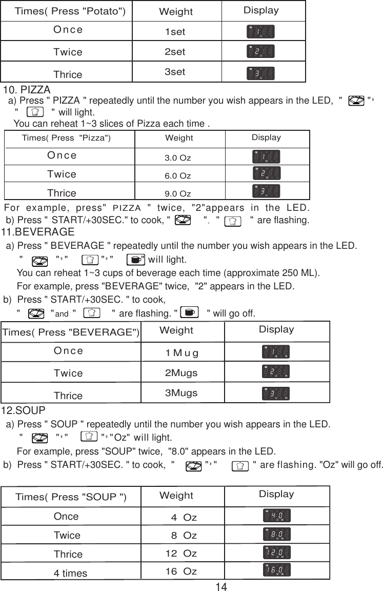 1set2set3setOnceTwiceThrice  4  Oz  8  Oz12  Oz16  OzOnceTwiceThrice4 times3.0 Oz6.0 Oz9.0 OzOnceTwiceThrice1Mug2Mugs3MugsOnceTwiceThrice11.BEVERAGE  a) Press &quot; BEVERAGE &quot; repeatedly until the number you wish appears in the LED.       &quot;            &quot;*&quot;            &quot;*&quot;          &quot; will light.      You can reheat 1~3 cups of beverage each time (approximate 250 ML).      For example, press &quot;BEVERAGE&quot; twice,  &quot;2&quot; appears in the LED. b)  Press &quot; START/+30SEC. &quot; to cook,      &quot;           &quot;and &quot;             &quot; are flashing. &quot;           &quot; will go off.14  a) Press &quot; PIZZA &quot; repeatedly until the number you wish appears in the LED,  &quot;         &quot;*   &quot;            &quot; will light.    You can reheat 1~3 slices of Pizza each time .10. PIZZA For example, press&quot; PIZZA &quot; twice, &quot;2&quot;appears in the LED.   b) Press &quot; START/+30SEC.&quot; to cook, &quot;            &quot;, &quot;           &quot; are flashing.Times( Press &quot;Potato&quot;) Weight Display12.SOUP  a) Press &quot; SOUP &quot; repeatedly until the number you wish appears in the LED.       &quot;            &quot;*&quot;            &quot;*&quot;Oz&quot; will light.      For example, press &quot;SOUP&quot; twice,  &quot;8.0&quot; appears in the LED. b)  Press &quot; START/+30SEC. &quot; to cook,  &quot;           &quot;*&quot;             &quot; are flashing. &quot;Oz&quot; will go off.Times( Press &quot;SOUP &quot;) Weight DisplayTimes( Press  &quot;Pizza&quot;) Weight DisplayTimes( Press &quot;BEVERAGE&quot;)Weight Display
