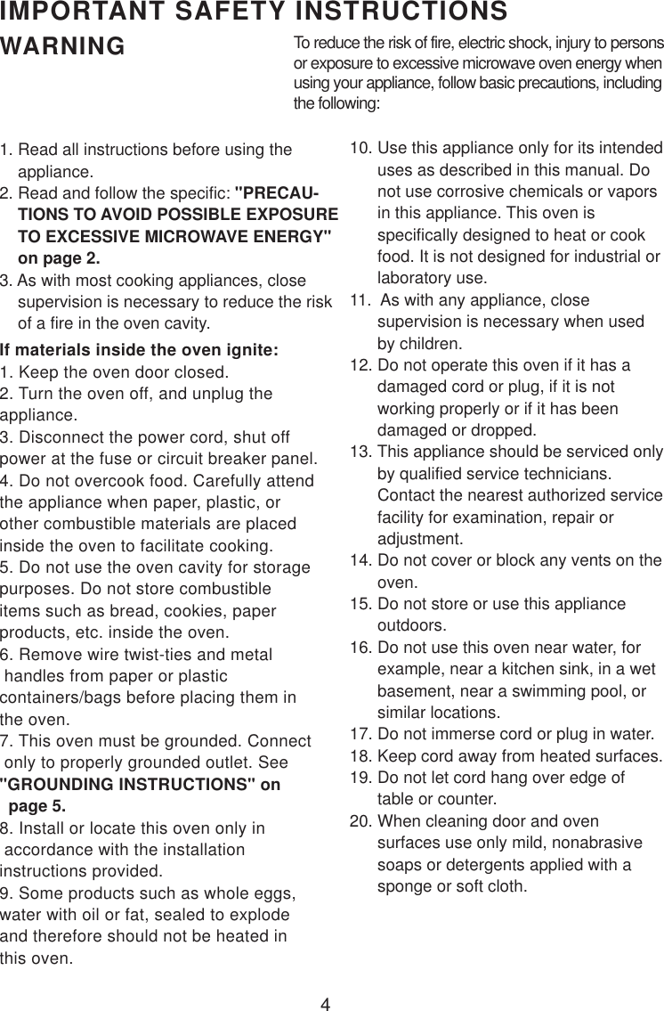 4IMPORTANT SAFETY INSTRUCTIONSWARNING1. Read all instructions before using the    appliance.2. Read and follow the specific: &quot;PRECAU-    TIONS TO AVOID POSSIBLE EXPOSURE    TO EXCESSIVE MICROWAVE ENERGY&quot;    on page 2.3. As with most cooking appliances, close    supervision is necessary to reduce the risk    of a fire in the oven cavity.If materials inside the oven ignite:1. Keep the oven door closed.2. Turn the oven off, and unplug theappliance.3. Disconnect the power cord, shut offpower at the fuse or circuit breaker panel.4. Do not overcook food. Carefully attendthe appliance when paper, plastic, orother combustible materials are placedinside the oven to facilitate cooking.5. Do not use the oven cavity for storagepurposes. Do not store combustibleitems such as bread, cookies, paperproducts, etc. inside the oven.6. Remove wire twist-ties and metal handles from paper or plasticcontainers/bags before placing them inthe oven.7. This oven must be grounded. Connect only to properly grounded outlet. See&quot;GROUNDING INSTRUCTIONS&quot; on  page 5.8. Install or locate this oven only in accordance with the installationinstructions provided.9. Some products such as whole eggs,water with oil or fat, sealed to explodeand therefore should not be heated inthis oven.To reduce the risk of fire, electric shock, injury to personsor exposure to excessive microwave oven energy whenusing your appliance, follow basic precautions, includingthe following:10. Use this appliance only for its intended      uses as described in this manual. Do      not use corrosive chemicals or vapors      in this appliance. This oven is      specifically designed to heat or cook      food. It is not designed for industrial or      laboratory use.11.  As with any appliance, close      supervision is necessary when used      by children.12. Do not operate this oven if it has a      damaged cord or plug, if it is not      working properly or if it has been      damaged or dropped.13. This appliance should be serviced only      by qualified service technicians.      Contact the nearest authorized service      facility for examination, repair or      adjustment.14. Do not cover or block any vents on the      oven.15. Do not store or use this appliance      outdoors.16. Do not use this oven near water, for      example, near a kitchen sink, in a wet      basement, near a swimming pool, or      similar locations.17. Do not immerse cord or plug in water.18. Keep cord away from heated surfaces.19. Do not let cord hang over edge of      table or counter.20. When cleaning door and oven      surfaces use only mild, nonabrasive      soaps or detergents applied with a      sponge or soft cloth.