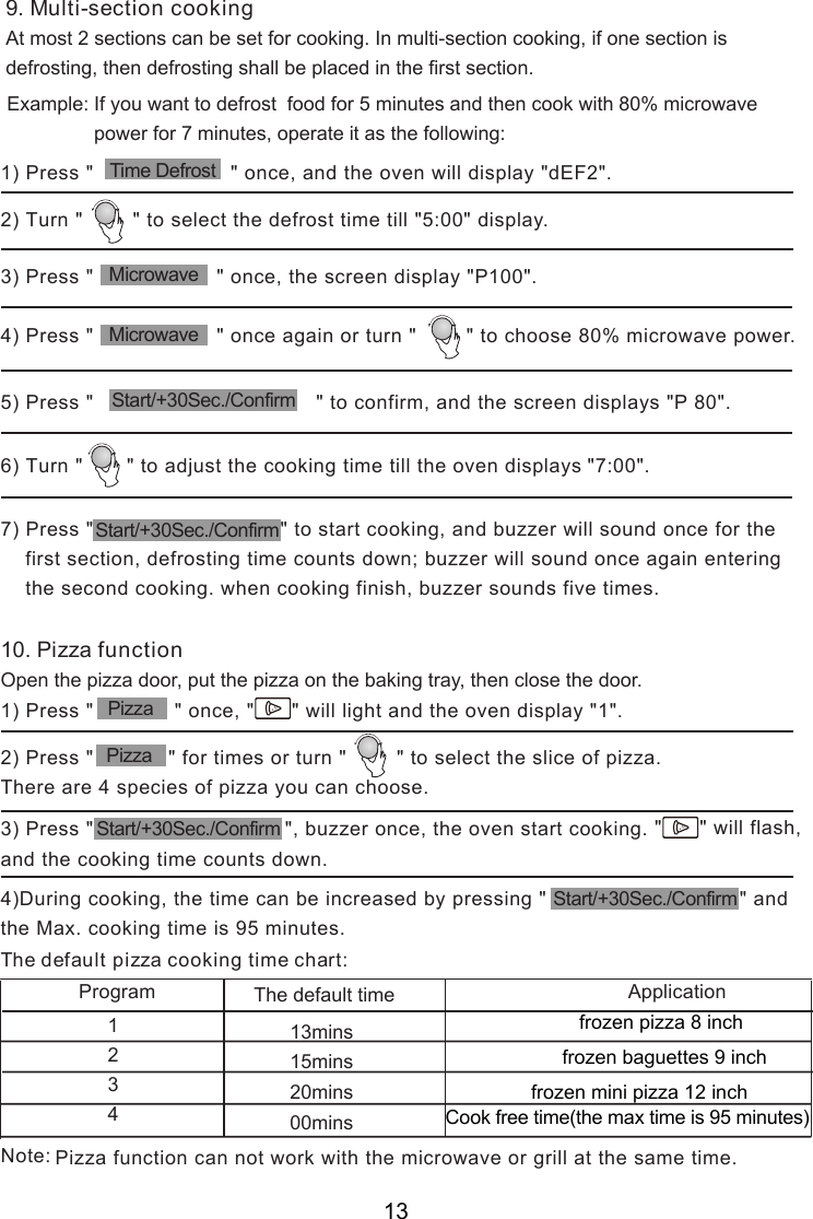 7) Press &quot;                              &quot; to start cooking, and buzzer will sound once for the    first section, defrosting time counts down; buzzer will sound once again entering    the second cooking. when cooking finish, buzzer sounds five times.1) Press &quot;                      &quot; once, and the oven will display &quot;dEF2&quot;.2) Turn &quot;        &quot; to select the defrost time till &quot;5:00&quot; display.3) Press &quot;                    &quot; once, the screen display &quot;P100&quot;.5) Press &quot;                                    &quot; to confirm, and the screen displays &quot;P 80&quot;.6) Turn &quot;       &quot; to adjust the cooking time till the oven displays &quot;7:00&quot;.4) Press &quot;                    &quot; once again or turn &quot;        &quot; to choose 80% microwave power.1) Press &quot;             &quot; once, &quot;      &quot; will light and the oven display &quot;1&quot;.2) Press &quot;            &quot; for times or turn &quot;        &quot; to select the slice of pizza.3) Press &quot;                               &quot;, buzzer once, the oven start cooking.There are 4 species of pizza you can choose.Note:Pizza function can not work with the microwave or grill at the same time. &quot;      &quot; will flash,and the cooking time counts down.4)During cooking, the time can be increased by pressing &quot;                               &quot; andthe Max. cooking time is 95 minutes.9. Multi-section cookingAt most 2 sections can be set for cooking. In multi-section cooking, if one section isdefrosting, then defrosting shall be placed in the first section.frozen pizza 8 inchfrozen baguettes 9 inchfrozen mini pizza 12 inchThe default pizza cooking time chart:Program The default time Application123410. Pizza functionOpen the pizza door, put the pizza on the baking tray, then close the door.Example: If you want to defrost  food for 5 minutes and then cook with 80% microwave                power for 7 minutes, operate it as the following:MicrowaveMicrowaveTime DefrostStart/+30Sec./ConfirmStart/+30Sec./ConfirmPizzaStart/+30Sec./ConfirmPizzaStart/+30Sec./Confirm13mins15mins20mins00mins Cook free time(the max time is 95 minutes)13