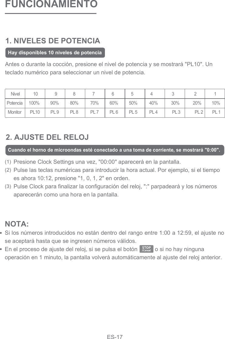 1. NIVELES DE POTENCIAFUNCIONAMIENTOAntes o durante la cocción, presione el nivel de potencia y se mostrará &quot;PL10&quot;. Un teclado numérico para seleccionar un nivel de potencia.2. AJUSTE DEL RELOJ(1)(2)(3)Presione Clock Settings una vez, &quot;00:00&quot; aparecerá en la pantalla. Pulse las teclas numéricas para introducir la hora actual. Por ejemplo, si el tiempo es ahora 10:12, presione &quot;1, 0, 1, 2&quot; en orden.Pulse Clock para finalizar la configuración del reloj, &quot;:&quot; parpadeará y los números aparecerán como una hora en la pantalla.      Nivel          10           9         8        7       6      5     4      3        2                 1  Potencia      100%       90%      80%      70%        60%    50%    40%             30%             20%          10%   Monitor       PL10       PL 9      PL 8      PL 7     PL 6    PL 5    PL 4              PL 3              PL 2         PL 1NOTA: Si los números introducidos no están dentro del rango entre 1:00 a 12:59, el ajuste no se aceptará hasta que se ingresen números válidos.En el proceso de ajuste del reloj, si se pulsa el botón           o si no hay ninguna operación en 1 minuto, la pantalla volverá automáticamente al ajuste del reloj anterior.Hay disponibles 10 niveles de potenciaCuando el horno de microondas esté conectado a una toma de corriente, se mostrará &quot;0:00&quot;.ES-17