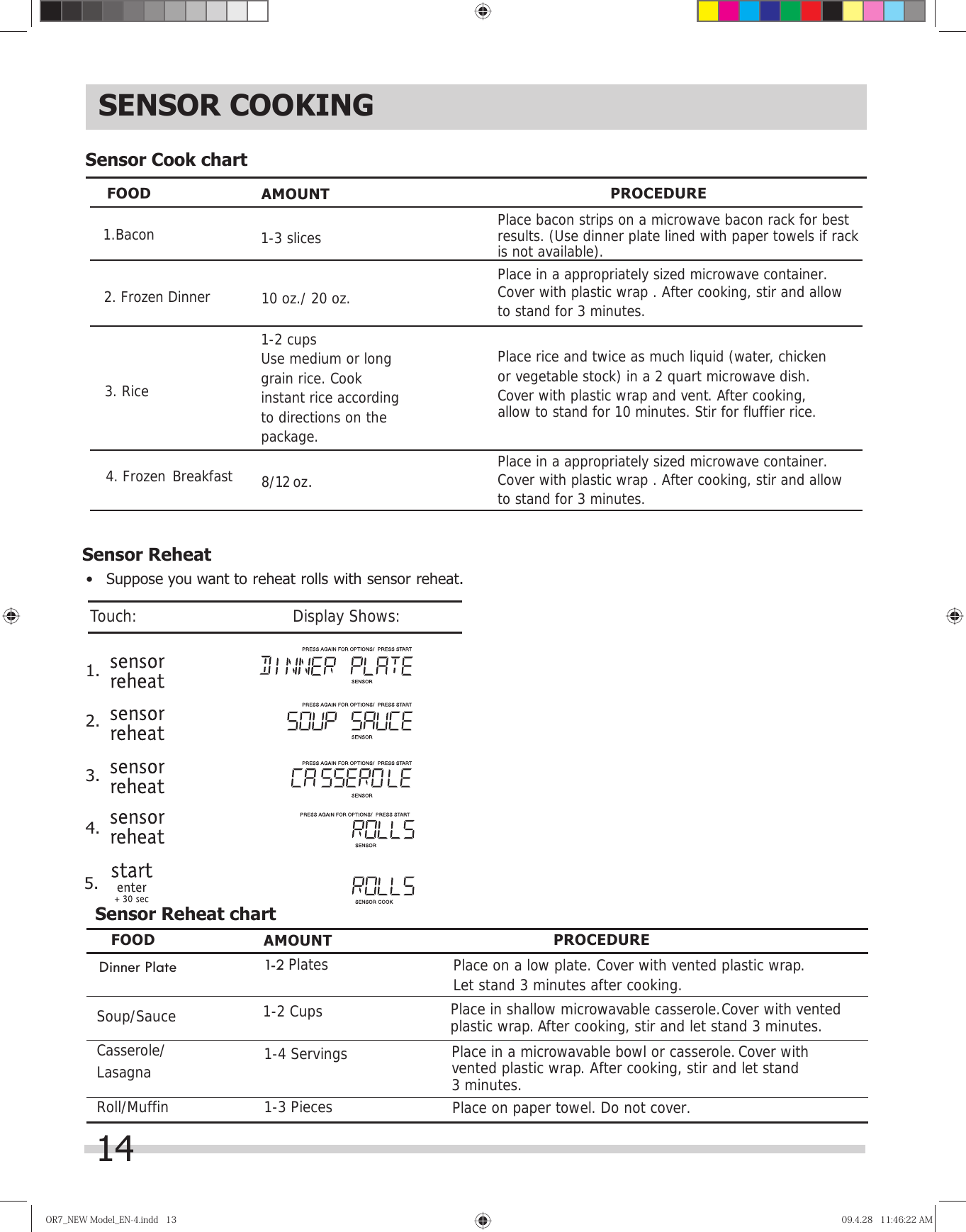 SENSOR COOKINGSensor Cook chartOR7̲NEWModel̲EN-4.indd13OR7̲NEWModel̲EN-4.indd13 09.4.2811:46:22AM09.4.2811:46:22AMPlace rice and twice as much liquid (water, chicken or vegetable stock) in a 2 quart microwave dish.Cover with plastic wrap and vent. After cooking, 1-2 cupsUse medium or long  grain rice. Cook instant rice according to directions on the package.Breakfast1-3 slices10 oz./ 20 oz.8 12 oz.Place bacon strips on a microwave bacon rack for bestresults. (Use dinner plate lined with paper towels if rack is not available).Place in a appropriately sized microwave container.Cover with plastic wrap . After cooking, stir and allowto stand for 3 minutes.allow to stand for 10 minutes. Stir for fluffier rice. Place in a appropriately sized microwave container.Cover with plastic wrap . After cooking, stir and allowto stand for 3 minutes./FOOD AMOUNT PROCEDURE1.Bacon2. Frozen Dinner3. Rice4. Frozen Sensor Reheat1.2.3.4.5.•   Suppose you want to reheat rolls with sensor reheat.Touch:                                       Display Shows:Sensor Reheat chartFOOD AMOUNT PROCEDURECasserole/Dinner Plate Place on a low plate. Cover with vented plastic wrap. Let stand 3 minutes after cooking.1 2 LasagnaSoup/Sauce 1-2 CupsRoll/Muffin Place on paper towel. Do not cover.1-3 PiecesPlace in a microwavable bowl or casserole. Cover with vented plastic wrap. After cooking, stir and let stand3 minutes.Place in shallow microwavable casserole. Cover with vented plastic wrap. After cooking, stir and let stand 3 minutes. -Plates1-4 Servings 14