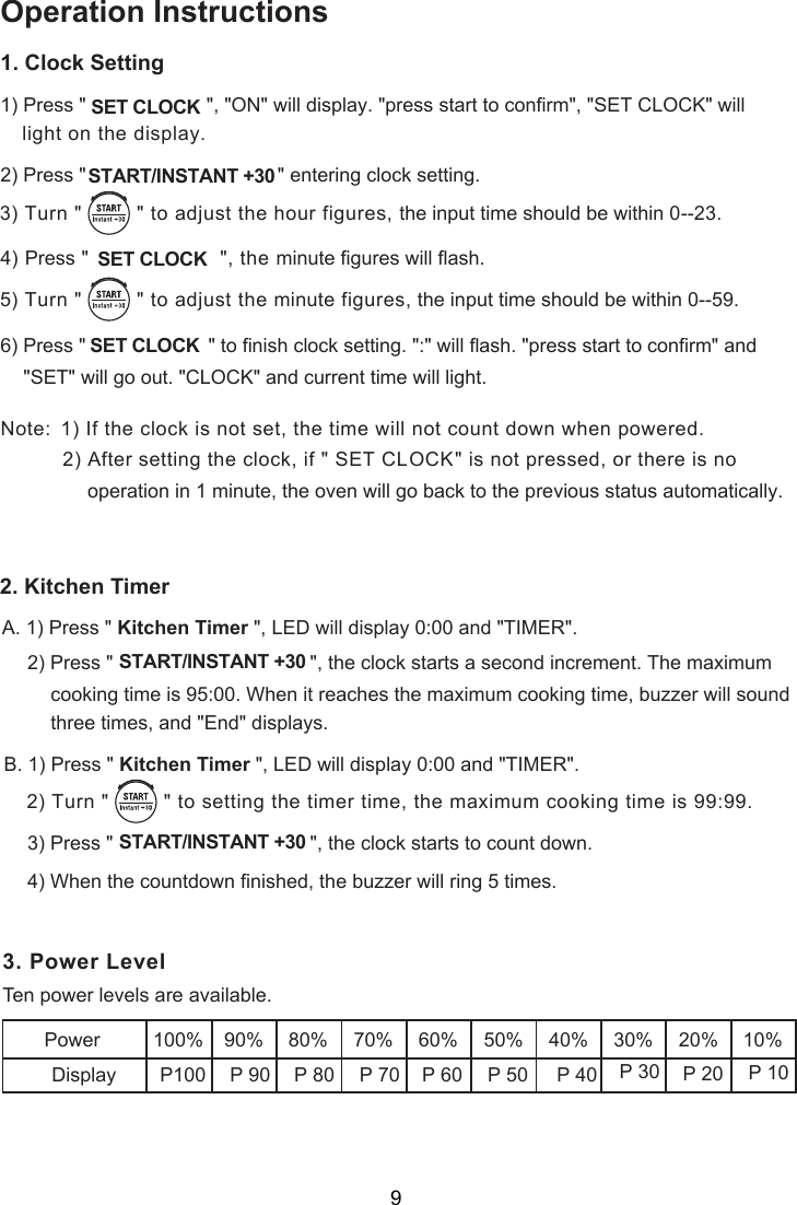 Operation InstructionsPress &quot;                     &quot;, the minute figures will flash.1) Press &quot;                      &quot;, &quot;ON&quot; will display. &quot;press start to confirm&quot;, &quot;SET CLOCK&quot; will &quot; to finish clock setting. &quot;:&quot; will flash. &quot;press start to confirm&quot; andSET CLOCK light on the display.2) Press &quot;                       &quot;START/INSTANT +30               entering clock setting.) Turn &quot;         &quot; to adjust the hour figures, the input time should be within  -- .3    0 234)  SET CLOCK ) Turn &quot;         &quot; to adjust the  figures,     5 minute  the input time should be within 0--59.6) Press &quot;  SET CLOCK &quot;&quot;SET  will go out. &quot;CLOCK&quot; and current time will light.Note:  1) If the clock is not set, the time will not count down when powered.          2) After setting the clock, if &quot;  &quot; is not pressed, or there is nowill go back to the previous status automatically.SET CLOCKoperation in 1 minute, the oven Kitchen Timer &quot;, LED will display 0:00) Press &quot;                                    &quot;, the clock starts a second increment. The maximum and &quot;TIMER&quot;.2                   START/INSTANT +30     cooking time is 95:00. When it reaches the maximum cooking time, buzzer will soundthree times nd &quot;End&quot; displays., aA. 1) Press &quot; Kitchen Timer &quot;, LED will display 0:00 and &quot;TIMER&quot;.. 1) Press &quot; B) Turn &quot;         &quot; to    2 setting the timer time, the maximum cooking time is 99:99.                   START/INSTANT +30     3) Press &quot;                                    &quot;, the clock starts to count down.4) When the  he buzzer will ring 5 times.countdown finished, t1. Clock Setting2. Kitchen TimerTen power levels are available.Power 100% 90% 80% 70% 60% 50% 40% 30% 20% 10%P100 P 90 P 80 P 70 P 60 P 50 P 40 P 30 P 20 P 10Display. Power Level39