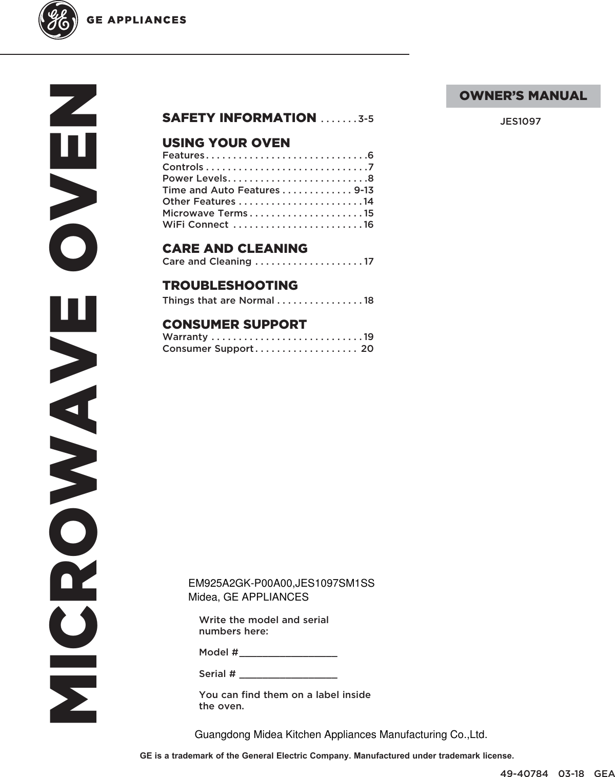 Page 1 of Midea Kitchen Appliances EM925AYYGEW Microwave Oven User Manual 49 40784 HiRes