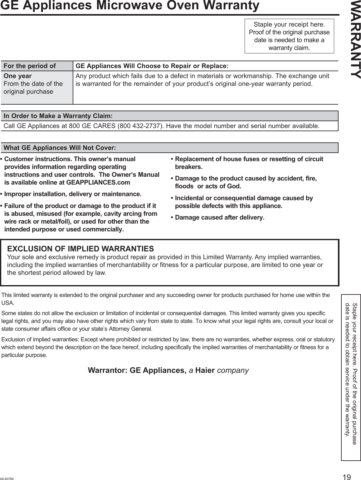 Page 19 of Midea Kitchen Appliances EM925AYYGEW Microwave Oven User Manual 49 40784 HiRes