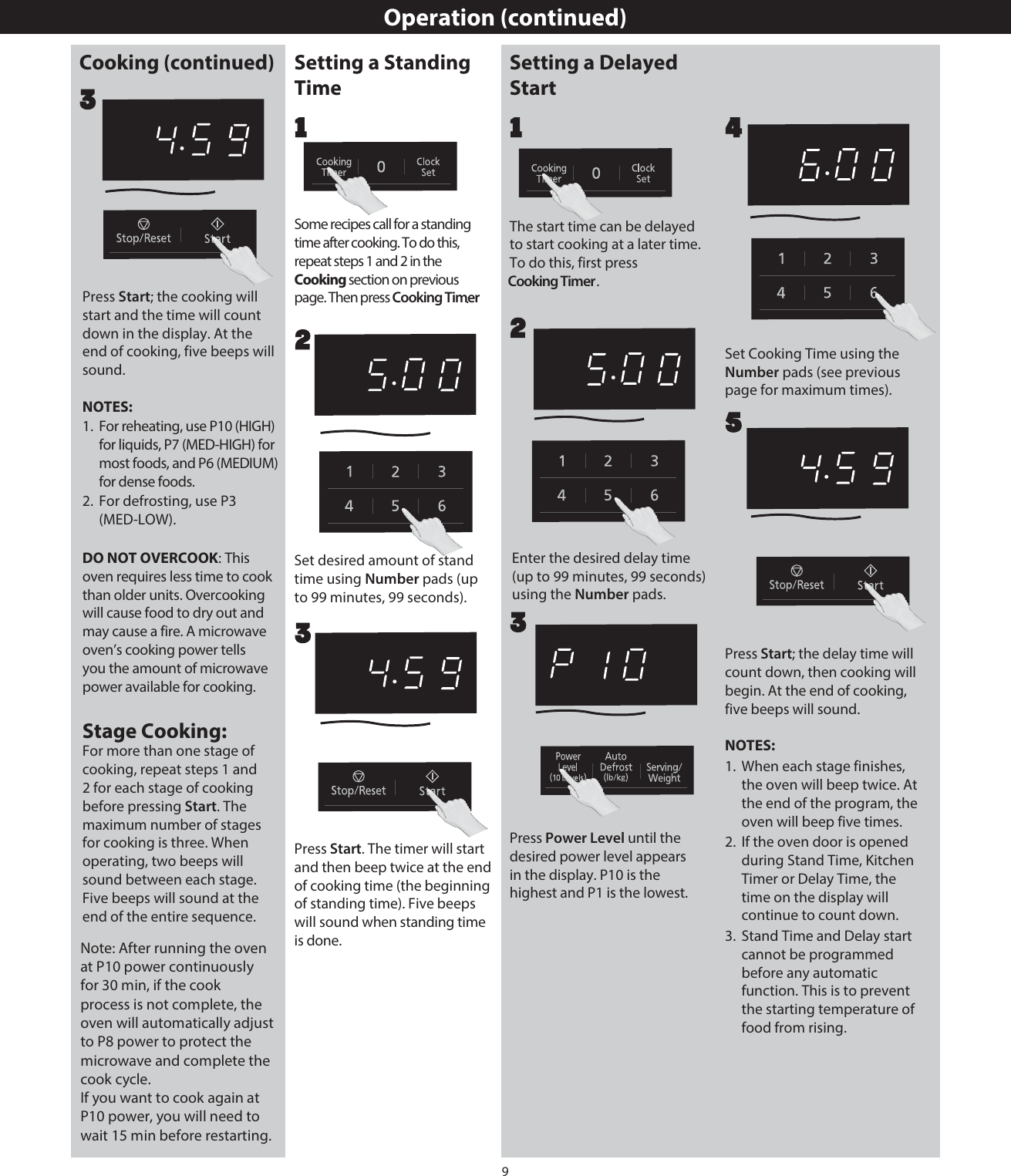 9Operation (continued)Setting a Standing TimeSet desired amount of stand time using Number pads (up to 99 minutes, 99 seconds).2Some recipes call for a standing time after cooking. To do this, repeat steps 1 and 2 in the Cooking section on previous page. Then press Cooking Timer.1Setting a Delayed StartThe start time can be delayed to start cooking at a later time. To do this, first press .Enter the desired delay time (up to 99 minutes, 99 seconds) using the Number pads.21Press Start; the delay time will count down, then cooking will begin. At the end of cooking, five beeps will sound.NOTES:1.  When each stage finishes, the oven will beep twice. At the end of the program, the oven will beep five times.2.  If the oven door is opened during Stand Time, Kitchen Timer or Delay Time, the time on the display will continue to count down.3.  Stand Time and Delay start cannot be programmed before any automatic function. This is to prevent the starting temperature of food from rising.5Cooking (continued)Press Start; the cooking will start and the time will count down in the display. At the end of cooking, five beeps will sound.NOTES:1.  For reheating, use P10 (HIGH) for liquids, P7 (MED-HIGH) for most foods, and P6 (MEDIUM) for dense foods.2.  For defrosting, use P3 (MED-LOW).DO NOT OVERCOOK: This oven requires less time to cook than older units. Overcooking will cause food to dry out and may cause a fire. A microwave oven’s cooking power tells you the amount of microwave power available for cooking.Stage Cooking:For more than one stage of cooking, repeat steps 1 and 2 for each stage of cooking before pressing Start. The maximum number of stages for cooking is three. When operating, two beeps will sound between each stage. Five beeps will sound at the end of the entire sequence.Press Start. The timer will start and then beep twice at the end of cooking time (the beginning of standing time). Five beeps will sound when standing time is done. 3Press Power Level until the desired power level appearsin the display. P10 is the highest and P1 is the lowest.3Set Cooking Time using the Number pads (see previous page for maximum times).43Cooking TimerNote: After running the oven at P10 power continuously for 30 min, if the cook process is not complete, the oven will automatically adjust to P8 power to protect the microwave and complete the cook cycle.  If you want to cook again at P10 power, you will need to wait 15 min before restarting.