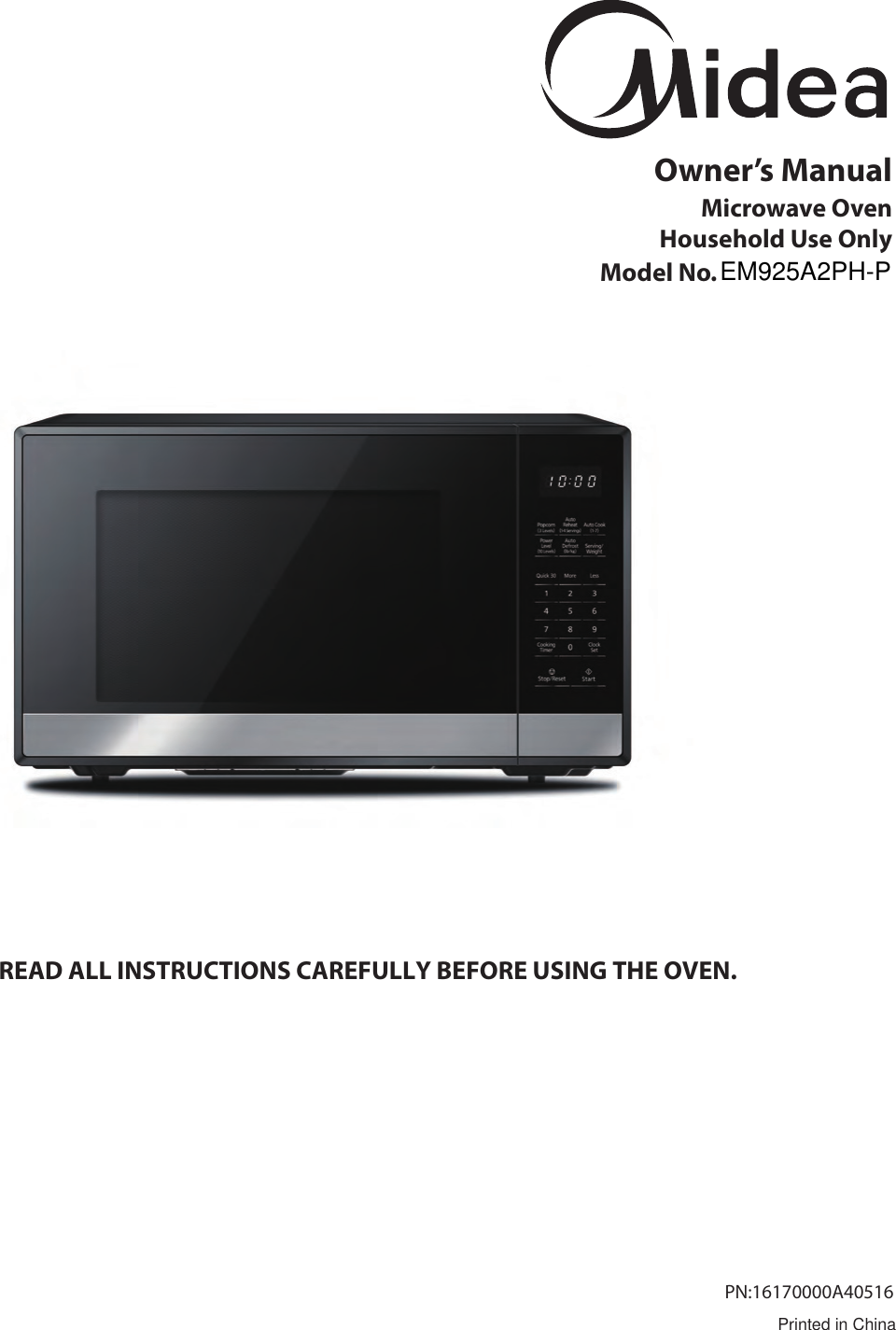 Page 1 of Midea Kitchen Appliances EM925AYYPA Microwave Oven User Manual 