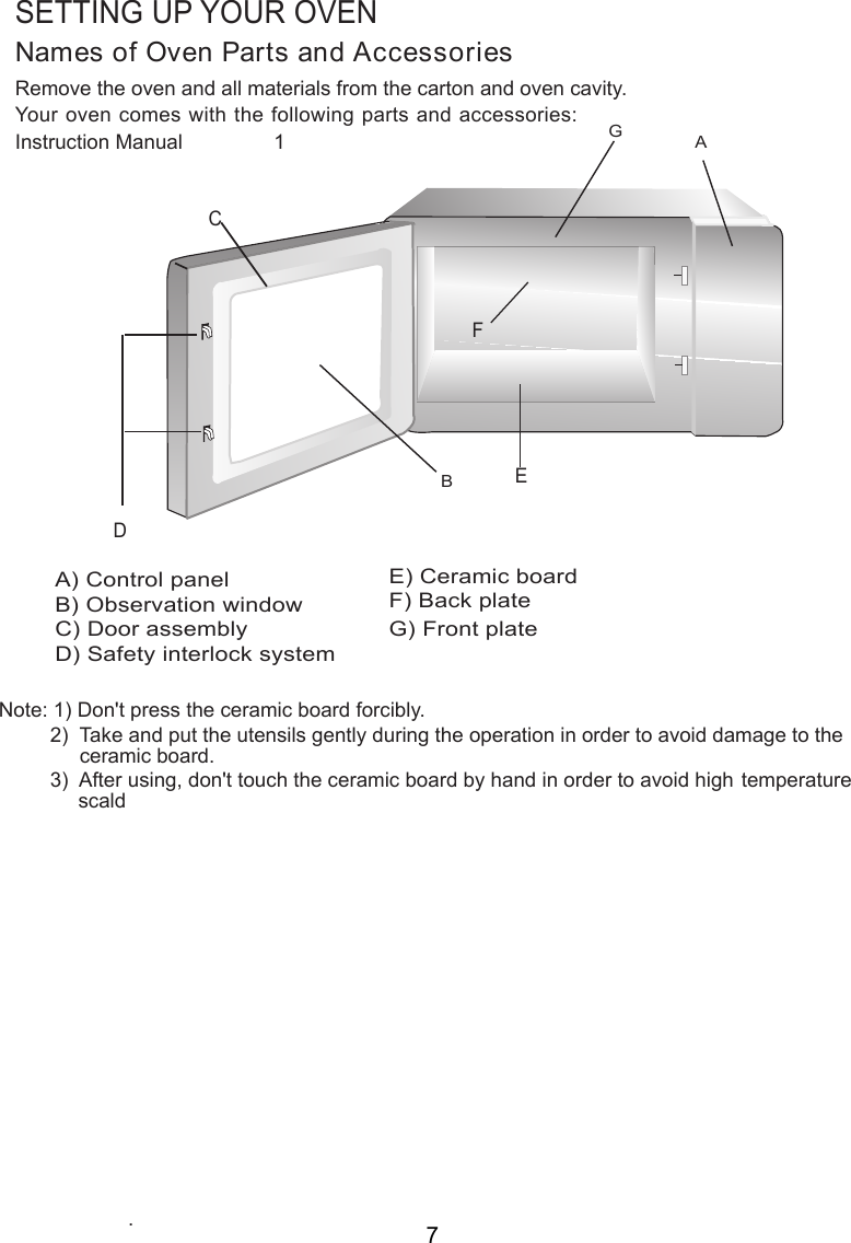 SETTING UP YOUR OVENNames of Oven Parts and AccessoriesRemove the oven and all materials from the carton and oven cavity.Your oven comes with the following  accessories:Instruction Manual                1A) Control panelB) Observation windowC) Door assemblyD) Safety interlock systemCDABNote: 1) Don&apos;t press the ceramic board forcibly.         2)  Take and put the   gently during the operation.         3)  After using, don&apos;t touch the ceramic board by hand in order to avoid high temperature              utensils  in order to avoid damage  the ceramic boardEFG) E) Ceramic boardF) GBack plateFront platepart  and s.scald to7