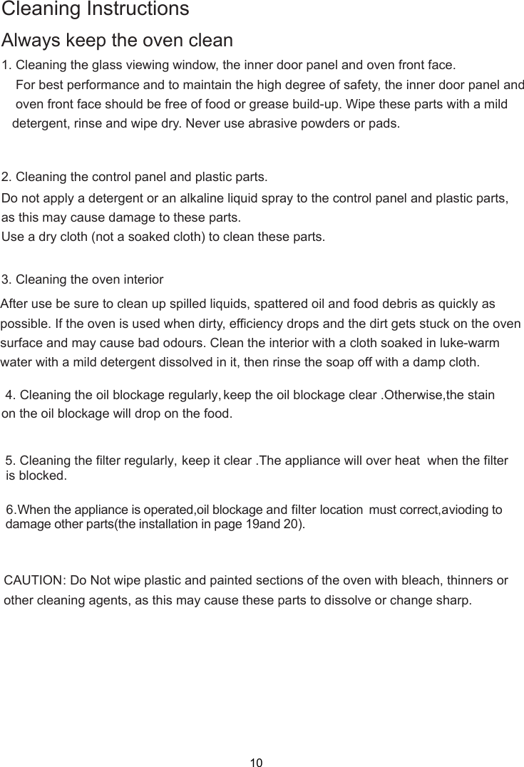 Cleaning InstructionsAlways keep the oven clean1. Cleaning the glass viewing window, the inner door panel and oven front face.    For best performance and to maintain the high degree of safety, the inner door panel and    oven front face should be free of food or grease build-up. Wipe these parts with a mild   detergent, rinse and wipe dry. Never use abrasive powders or pads.2. Cleaning the control panel and plastic parts.Do not apply a detergent or an alkaline liquid spray to the control panel and plastic parts,as this may cause damage to these parts.Use a dry cloth (not a soaked cloth) to clean these parts.3. Cleaning the oven interiorAfter use be sure to clean up spilled liquids, spattered oil and food debris as quickly aspossible. If the oven is used when dirty, efficiency drops and the dirt gets stuck on the ovensurface and may cause bad odours. Clean the interior with a cloth soaked in luke-warmwater with a mild detergent dissolved in it, then rinse the soap off with a damp cloth.CAUTION: Do Not wipe plastic and painted sections of the oven with bleach, thinners orother cleaning agents, as this may cause these parts to dissolve or change sharp.4. Cleaning the oil blockage regularly, keep the oil blockage clear .Otherwise,the stain will drop on the food.on the oil blockage                      5. Cleaning the filter regularly, keep it clear .The appliance will over heat  when the filter is blocked.6.When the appliance is operated,oil blockage and filter location must correct vioding to damage other parts . ,a( )the installation in page 1 and 9 2010